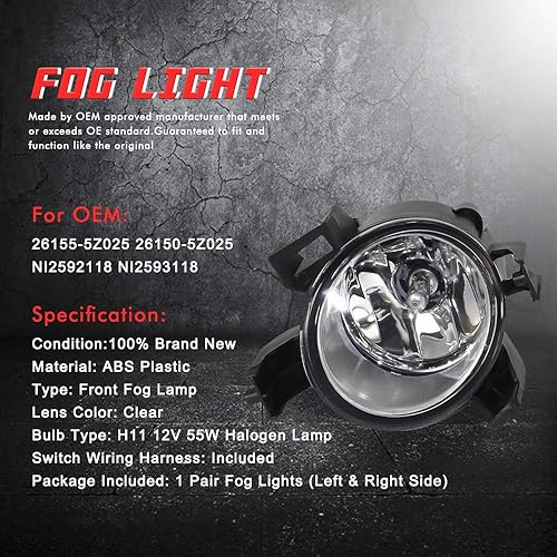 Miniatura 10 de Luces antiniebla de conducción de repuesto para Nissan Maxima 2009 2010 2011 2012 2013 2014 con bombillas halógenas H11 12V 55W e interruptor y kit
