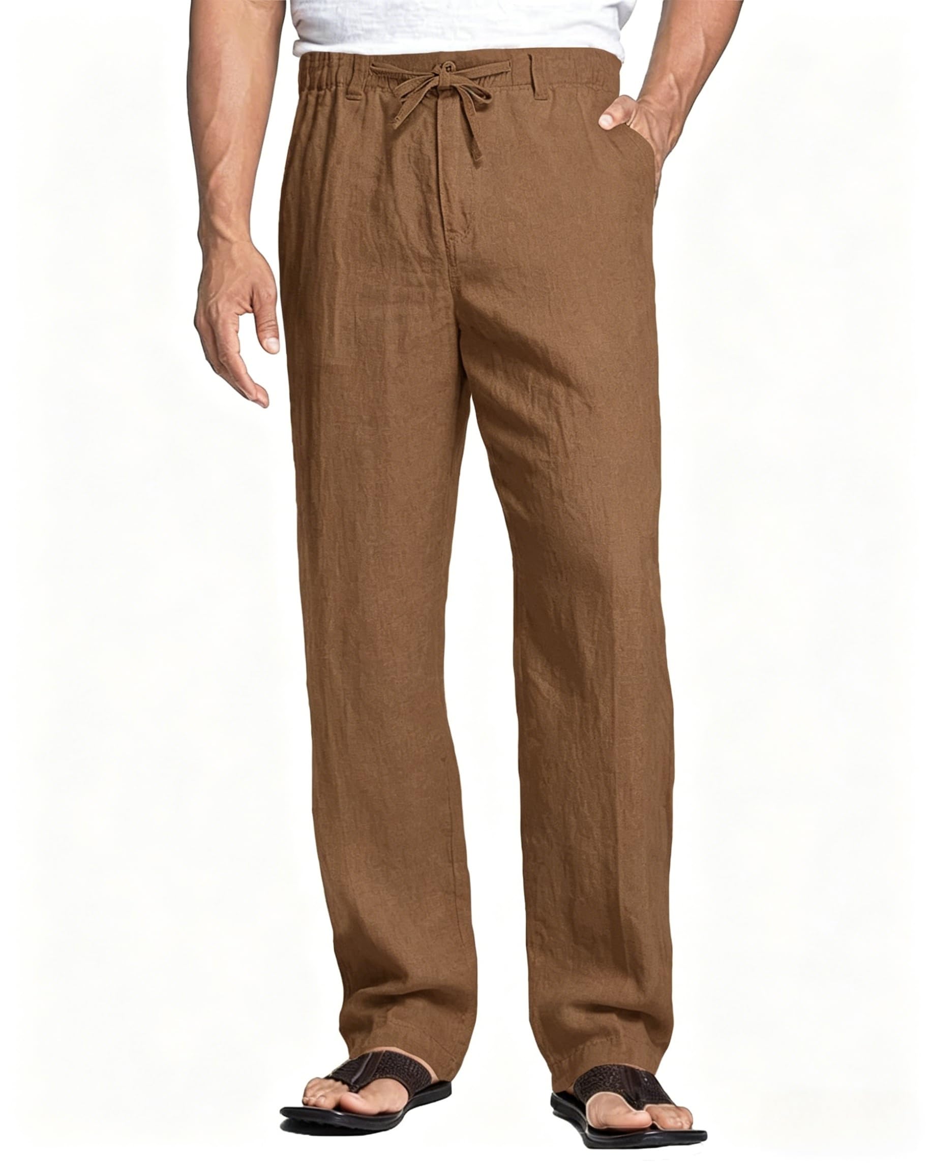 Cegerne Pantaloni di Lino Uomo Estivo Lungo Leggero Casual, Vita Elastica Zip e Coulisse, Tasche Traspiranti per Spiaggia Vacanze Quotidiano