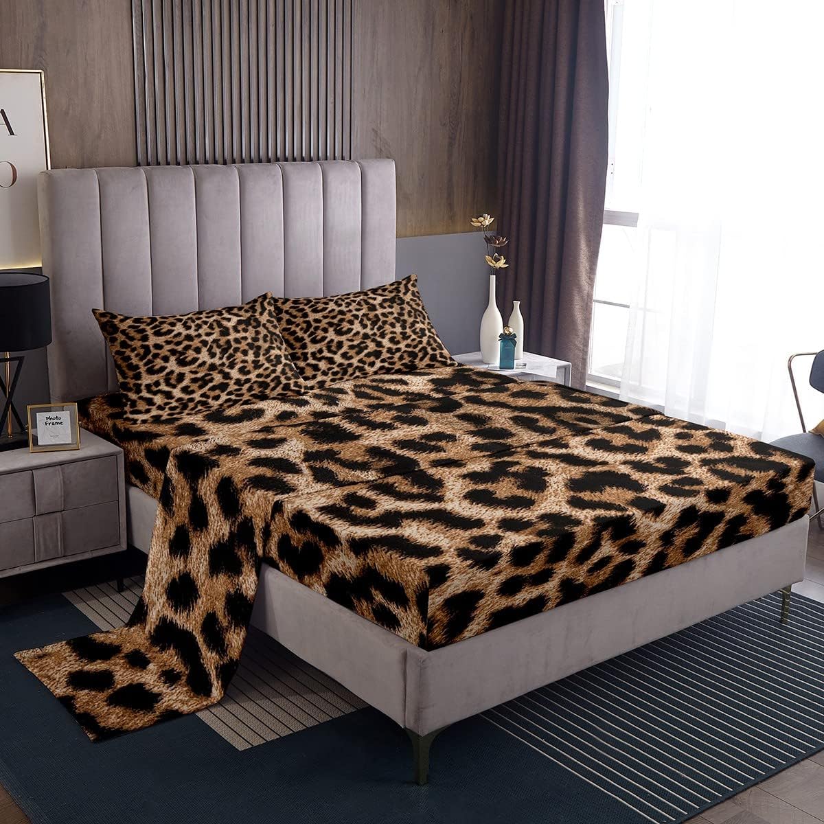 Leopard Print Bed Sheet Set Cheetah Printed Bedding Set for Kids Girls Women Black Brown Leopard Fitted Sheet Africa Wild Animal Fur Pattern Bed Cover Luxury Room Decor Queen Size 4Pcs Beddi