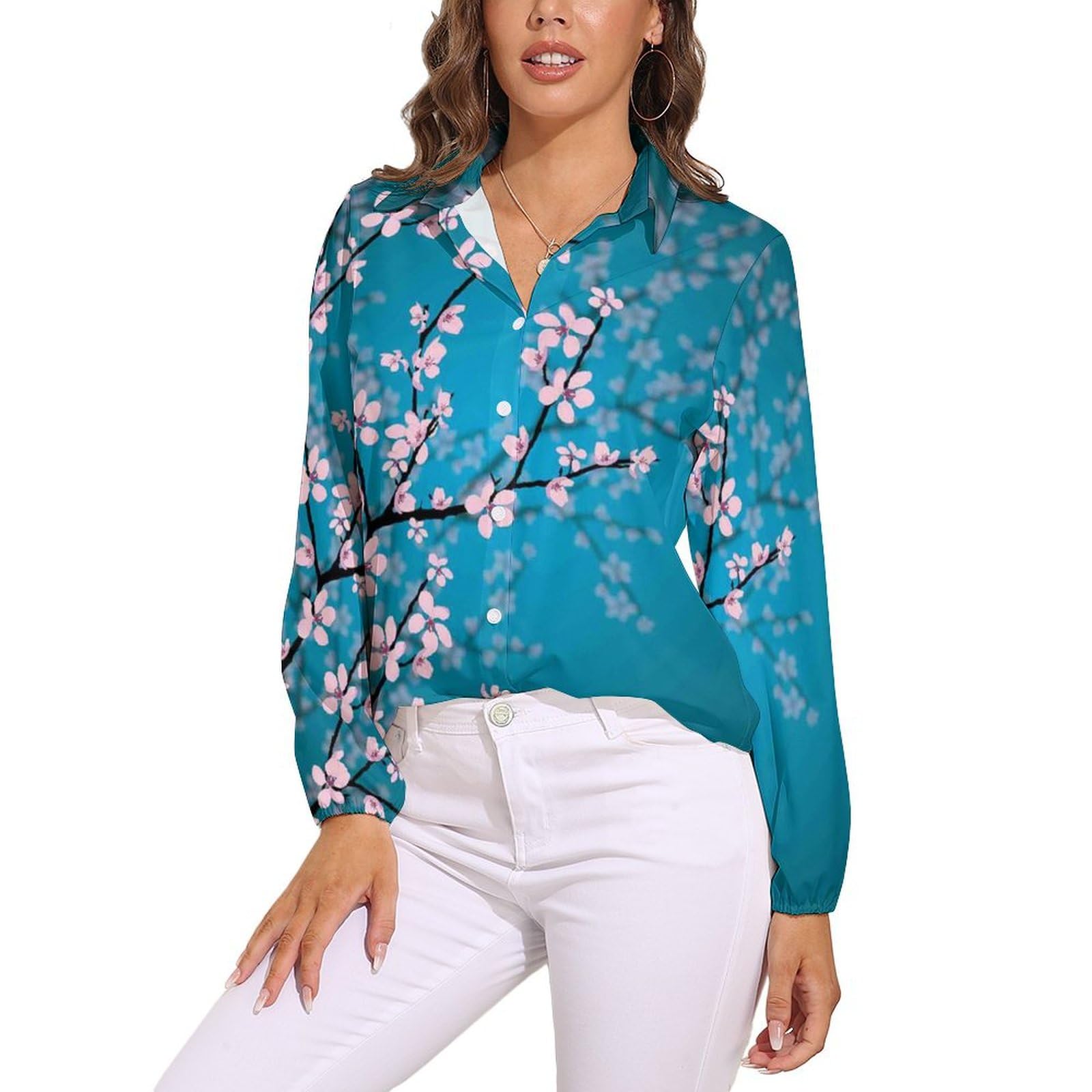Cmagnifico Women's Spring Japanese Cherry Blossoms Blouse, Long Sleeve Shirt, Button Down Shirt For Work Party