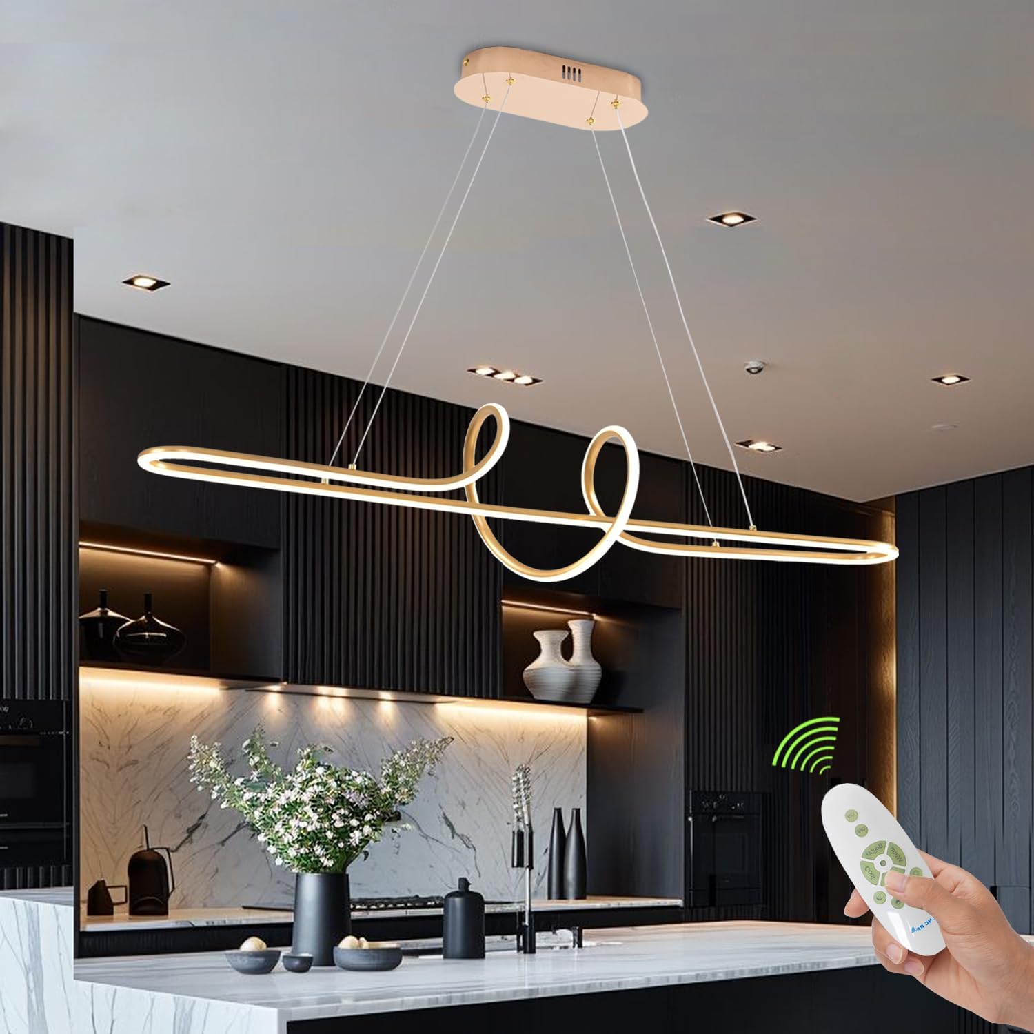 Gold Led Chandelier Light Fixtgure Dimmable Modern Chandelier with Remote 3000K-6500K Color Changing L43.30 Luxury Pendant Light for Kitchen Island Over Table Height Adjustable