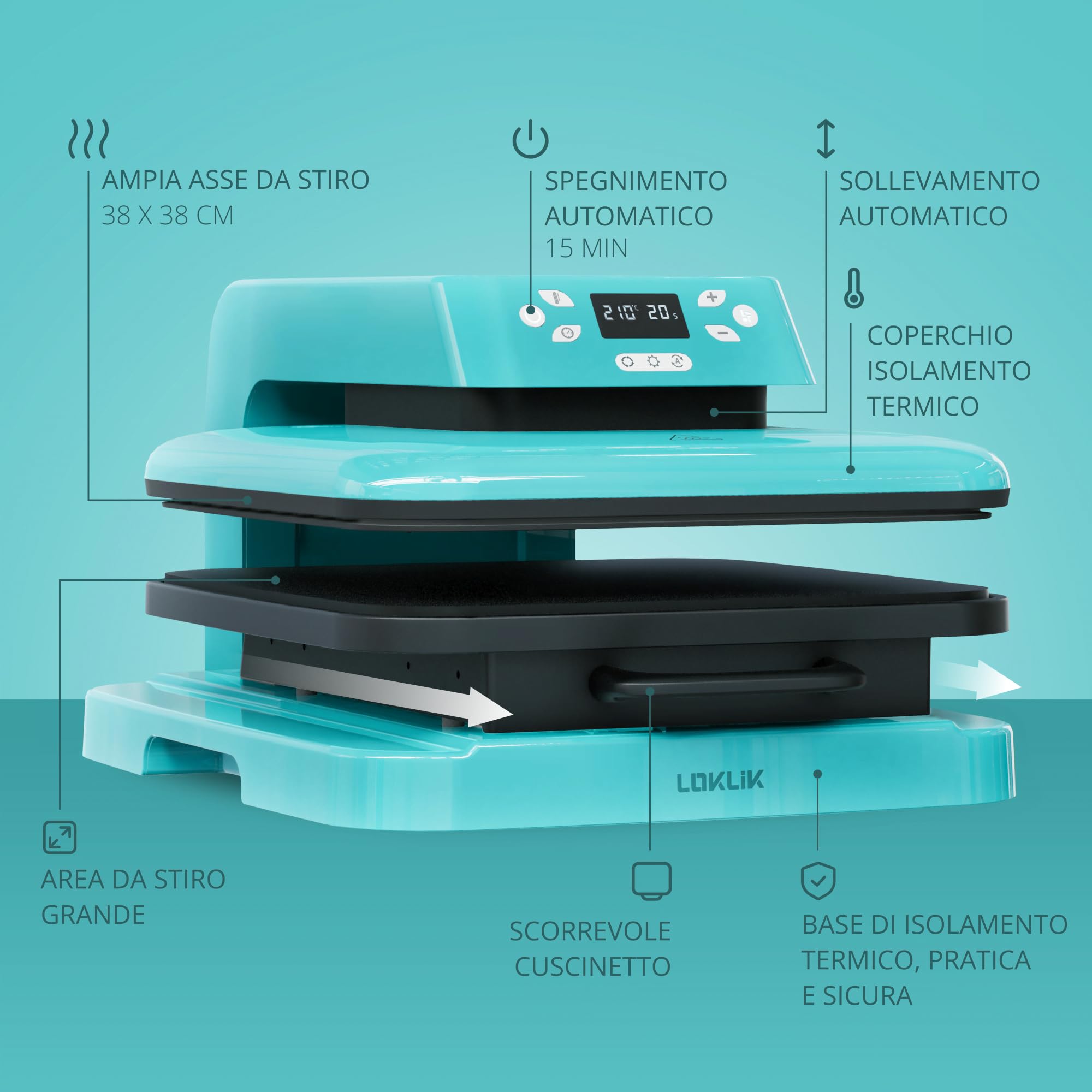 LOKLIK - Pressa Termica Automatica per Personalizzare Magliette, Maglioni, Coperte, Asciugamani, Borse e Altri Tessuti Pressa Riscaldante Compatta Termoadesiva Stampa Tessile (Blu)