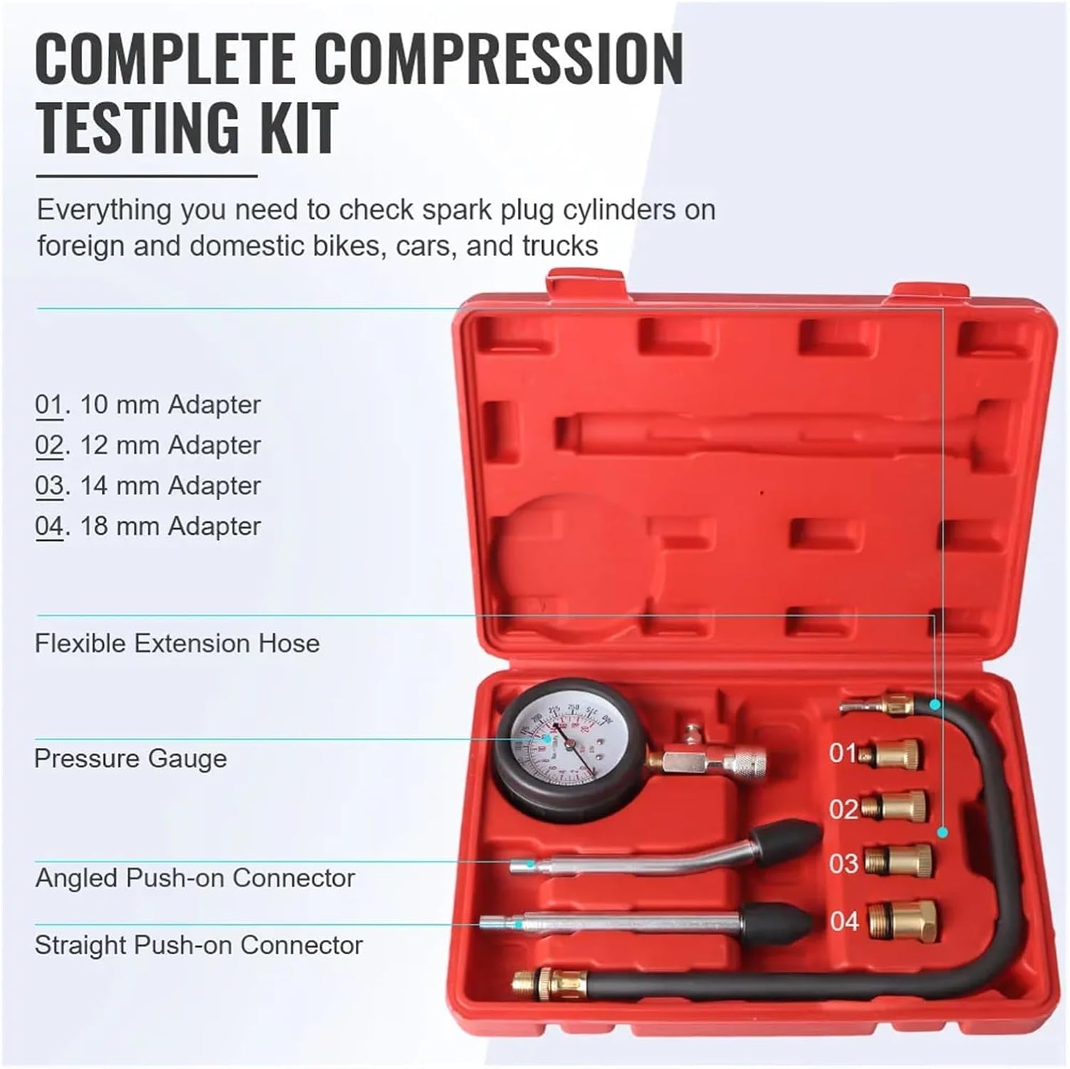 Professional Pressure Gauge Gasoline Engine Compression Meter Automotive Cylinder Tester Kit with M10 M12 M14 M18 Adapter
