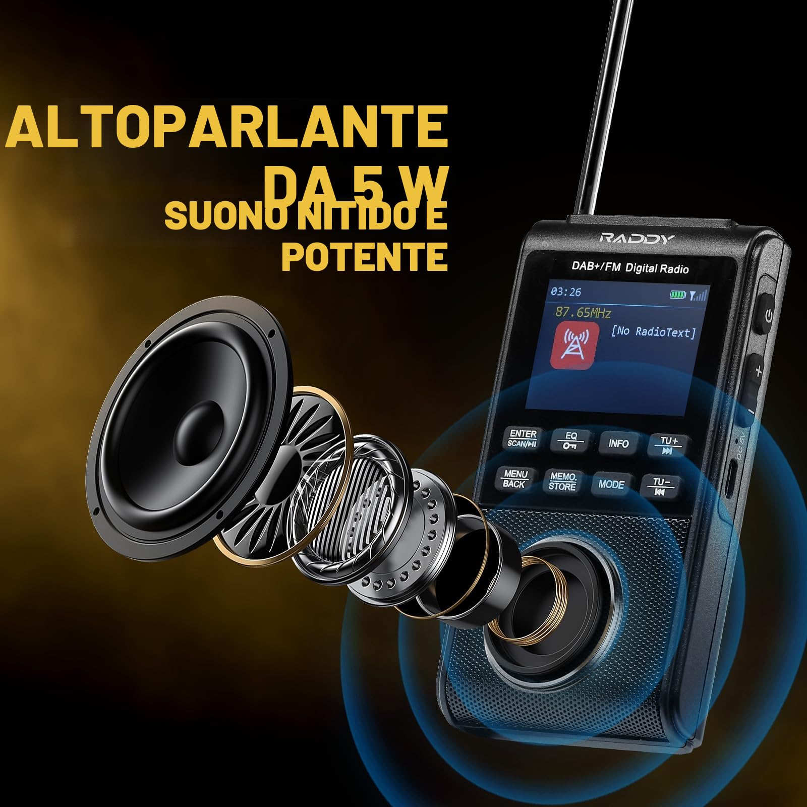 Raddy RD939 - Radio portatile DAB FM, radio tascabile DAB con BT 5.3, altoparlante da 5 W, display da 2", batteria USB-C e 1200 mAh, sveglia, riproduzione TF/USB, scansione automatica, jack per cuffie