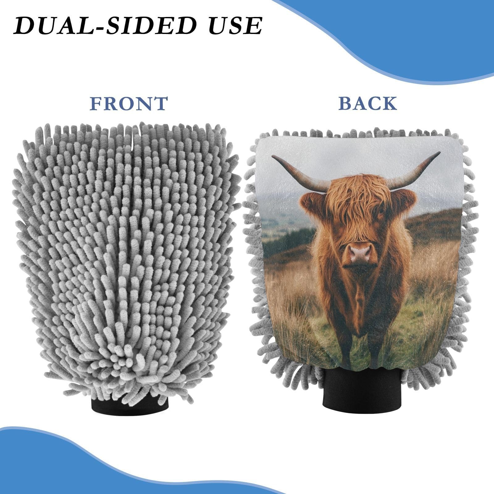 Flradish 2 Pack Highland Cow Car Wash Mitt Chenille Microfiber Lint-Free Scratch Free Ultra-Soft Absorbent Car Wash Mitt 11.8x8.07 Inch
