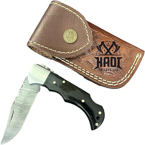 Miniatura 4 de HADI ENTERPRISES Cuchillo plegable de Damasco forjado a mano personalizado con bocina de toro y refuerzo de acero (FLK-019)