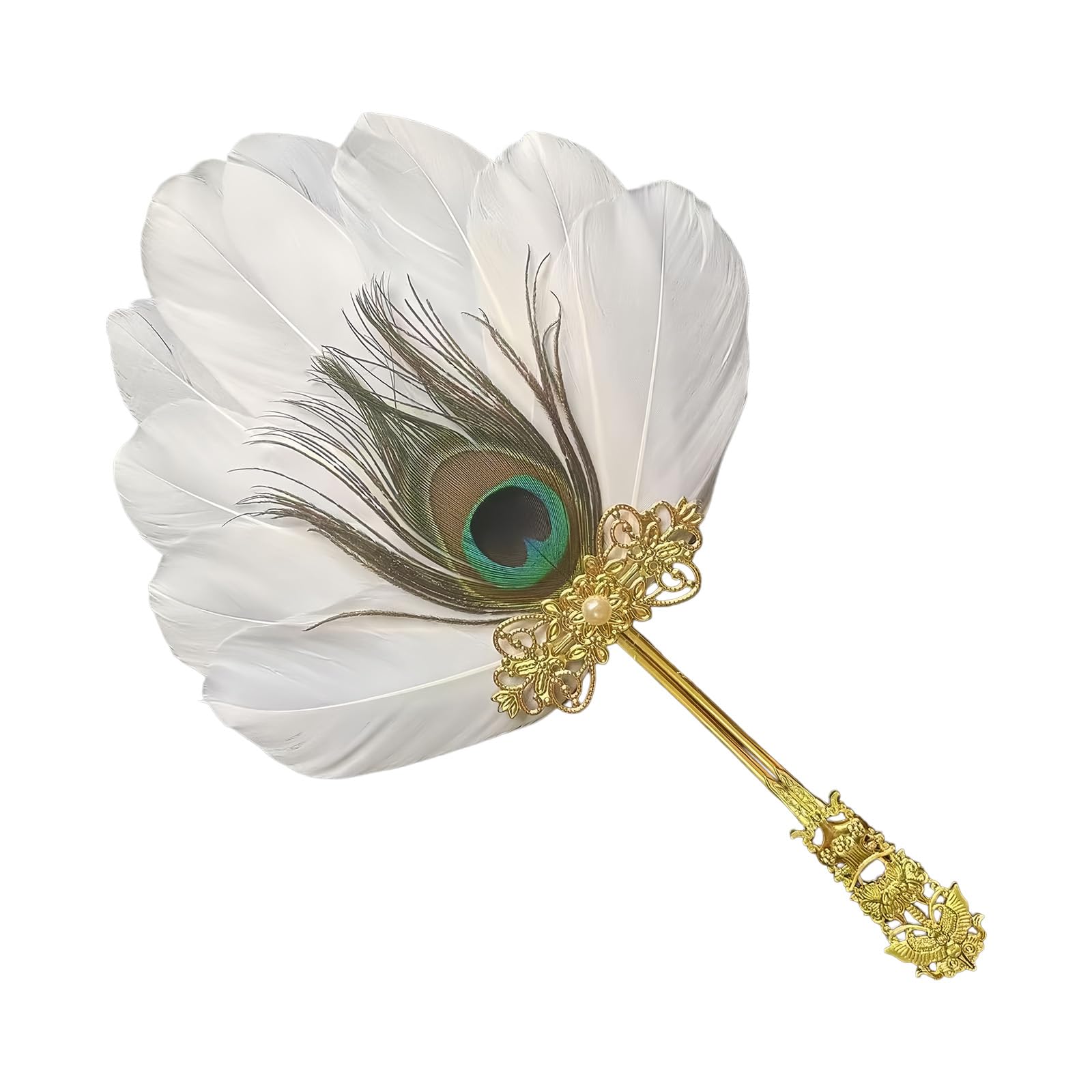 Snorvixre White Delicate Peacocks Feathered Handheld Fan Photography Stay Fan Perfect For Chinese Clothes Cosplay And Stage Photography Stay