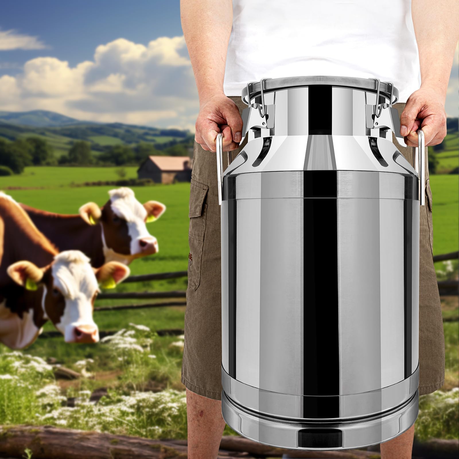 Bricco per latte da 40 l, in acciaio inox, a prova di perdite, con manici e coperchio, contenitore per alimenti per latte, olio, acqua e cereali, grande capienza per cucina e fattoria