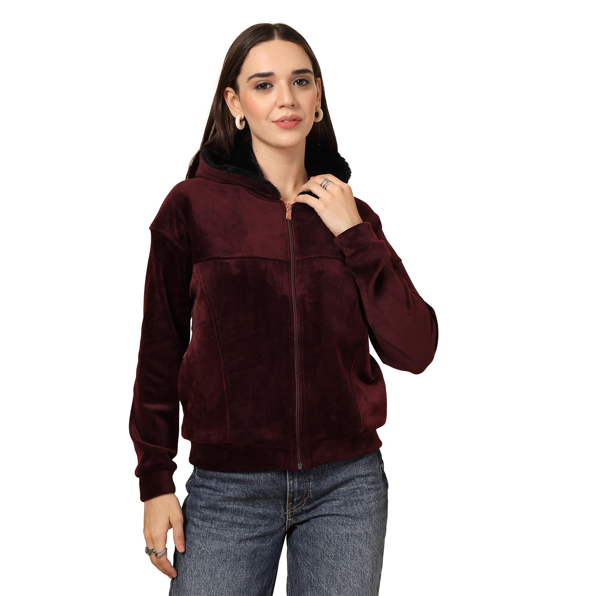 Women Self Design Hooded Front Open Sweatshirt-image-3