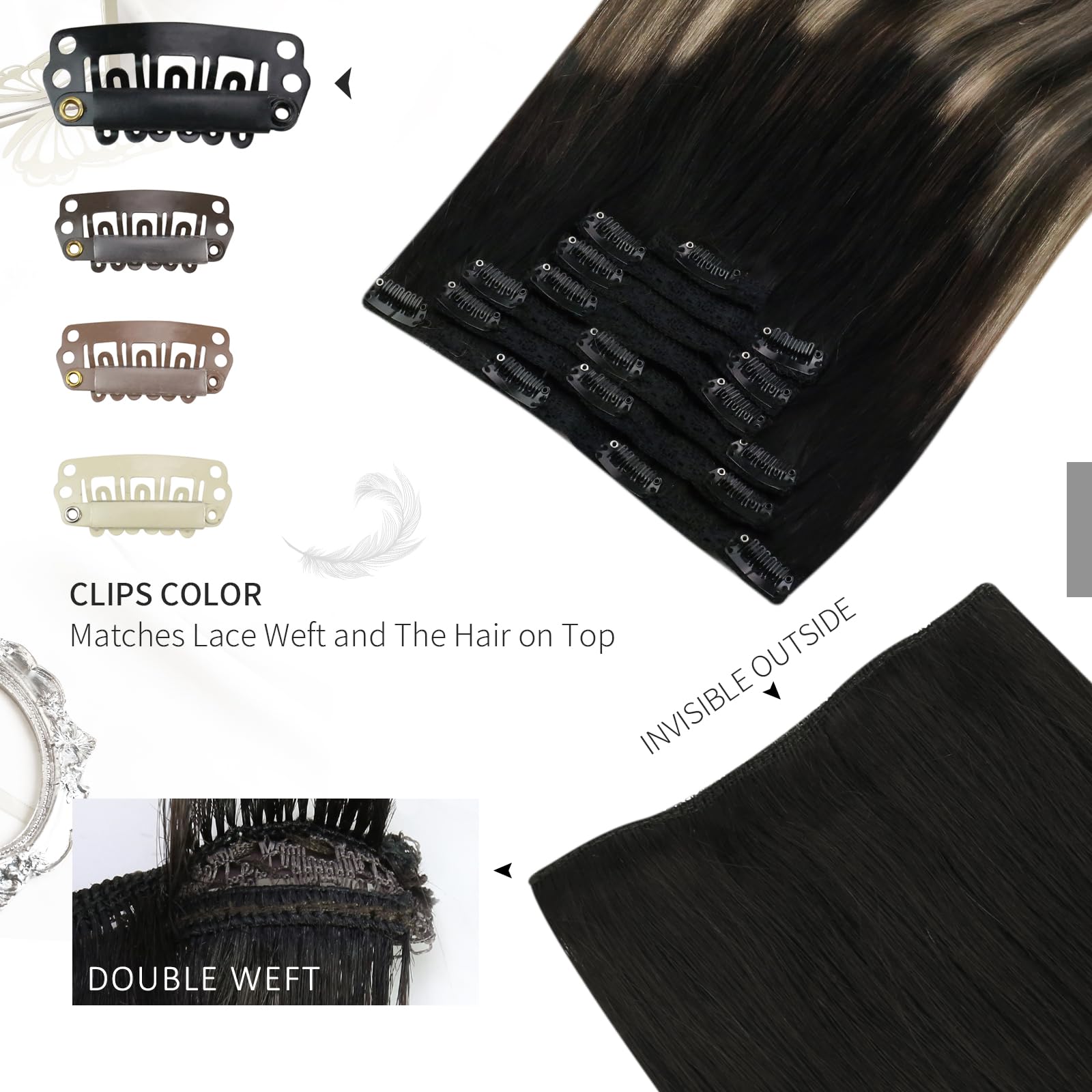 Moresoo Clip in Hair Extensions Real Human Hair Balayage Hair Extensions Clip in Natural Black to Dark Brown with Caramel Blonde Human Hair 22 Inch 7 Pieces/120g #1B/3/27 - Image 4
