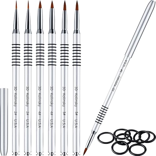 Juego de 6 pinceles de uñas acrílicas 3D para arte de uñas 3D, pincel acrílico Kolinsky, juego de pinceles de pintura de metal plateado para