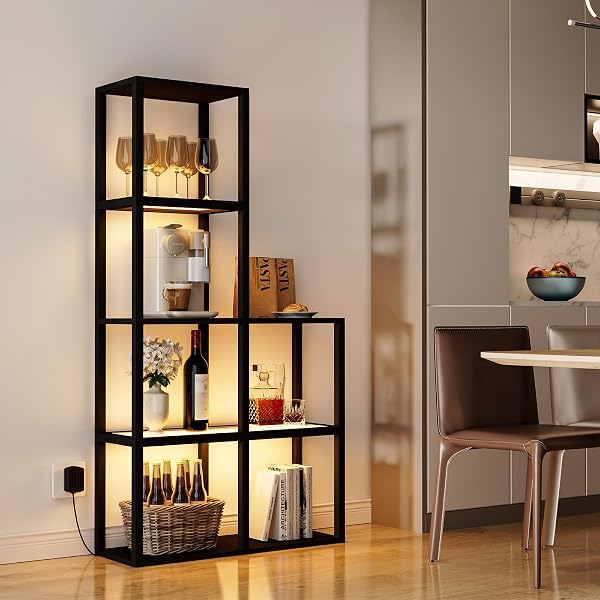 VILICK Display Shelf with LED Light Standing Floor Lamp with Glass Storage Shelves for Collectibles, 5 Tier Tall Corner