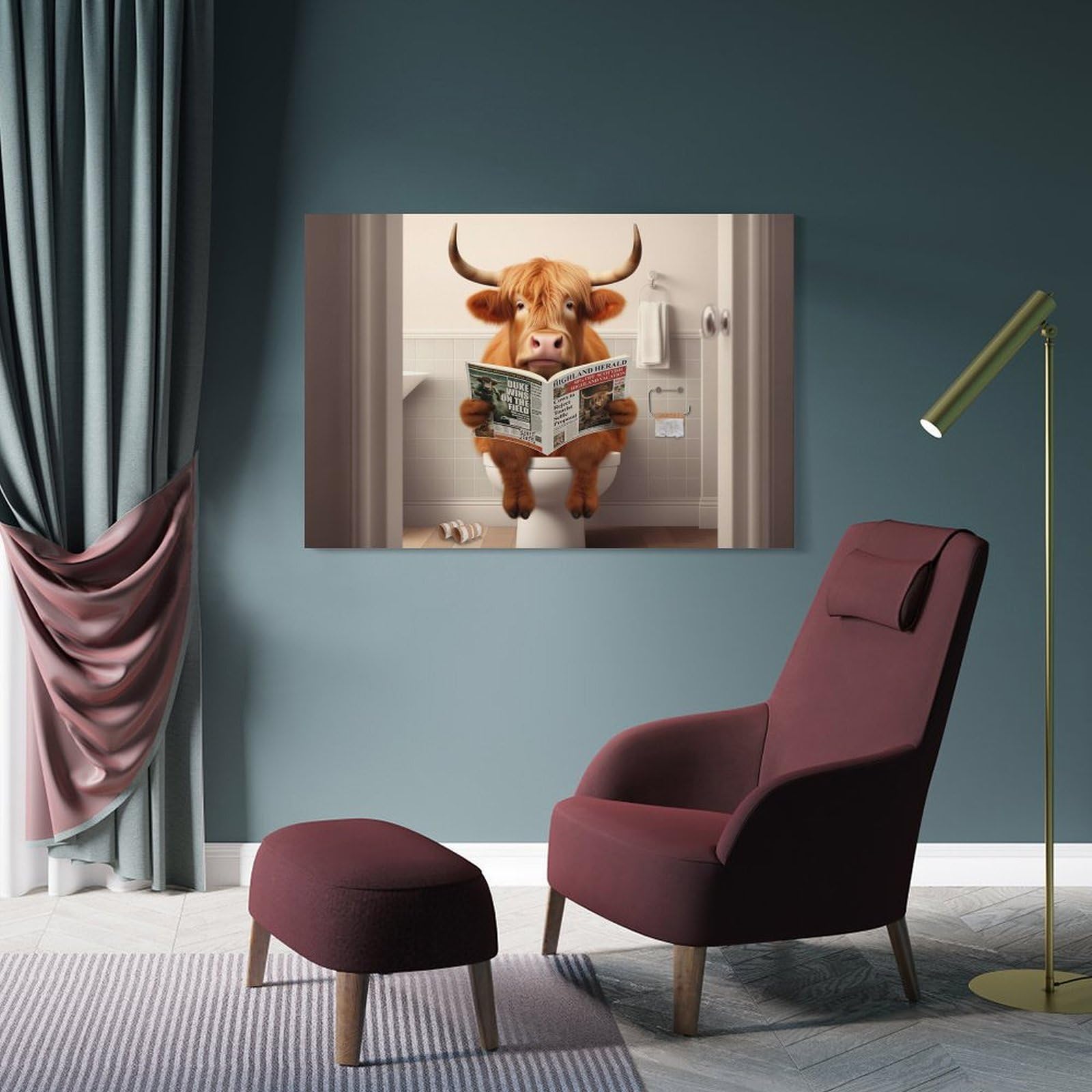 Junmoney Funny Highland Cow Toilet Wall Decor Canvas Print, 12x18inch(30x45cm), for Living Room, Bedroom, Office Or Hallway, An Adaptable Decor Piece for Home Use