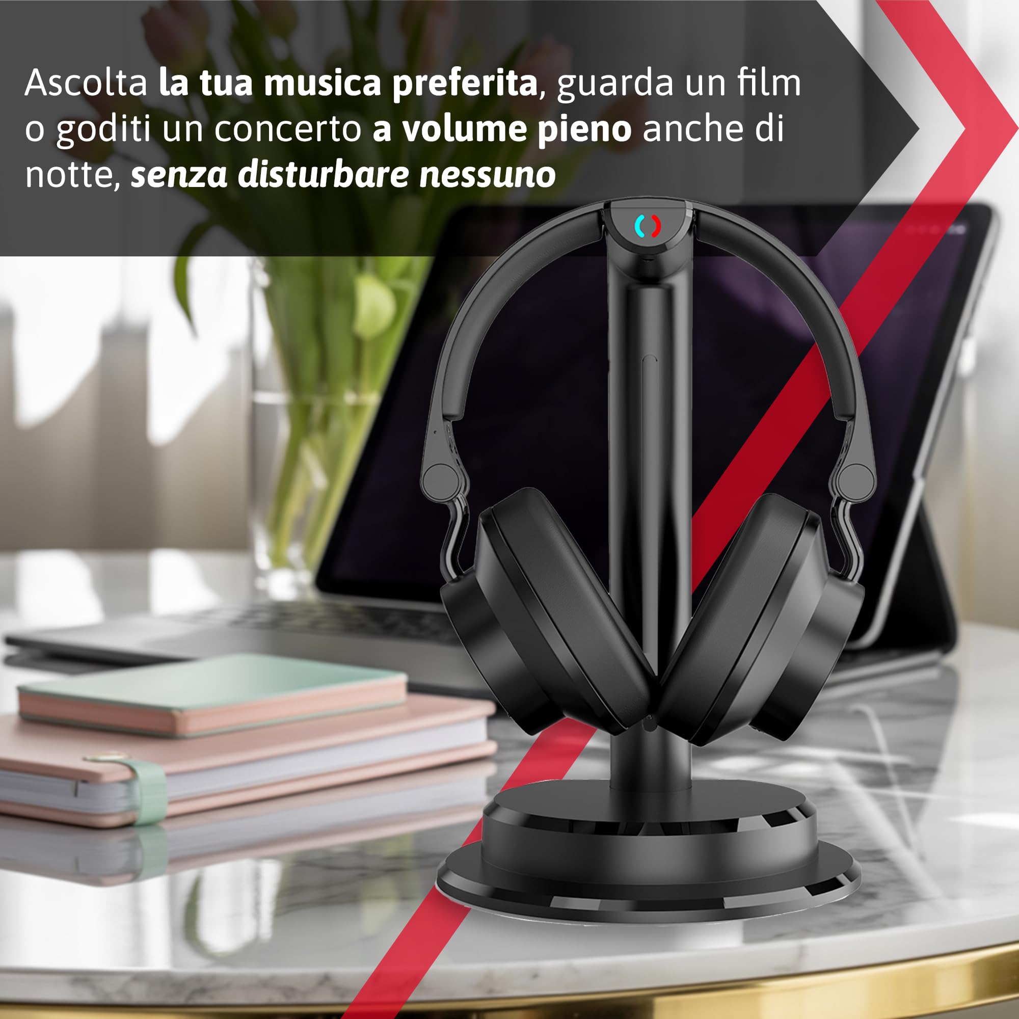 IRRADIO IR-SIGMA PLUS, Set cuffia Wireless BT per TV, Musica e Gaming. Audio Immersivo, Equalizzazione Selettiva, Modalità BT o Cablata, Ascolto Condiviso, Distanza di Trasmissione fino a 30m