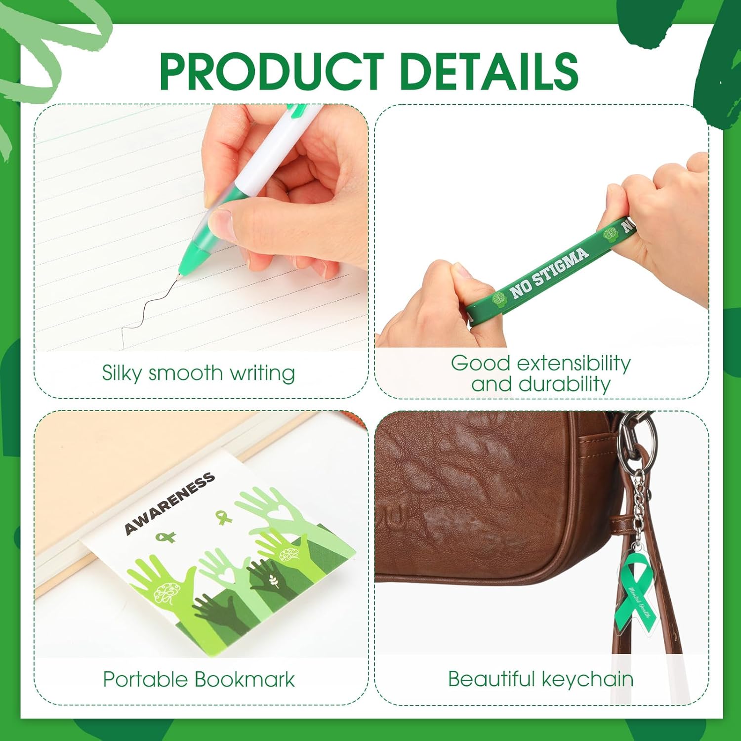 Fullhawl 120 Pcs Mental Health Awareness Gift Set Include Mental Health Pens Green Ribbon Silicone Bracelets Wristbands Bookmark Keychain Green Organza Bag for Office Public Charity Events Supplies