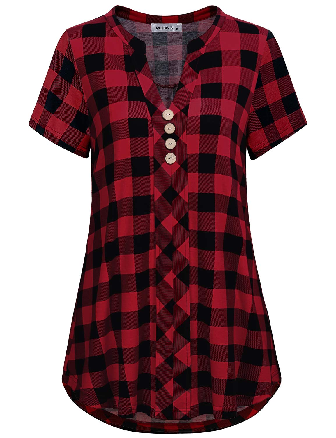 MOQIVGI Womens Notch Neck Short Sleeve Plaid Shirts Checkered Blouse Tops