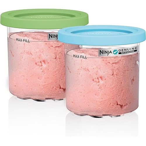 Ninja CREAMi Pints 2 Pack, Compatible with NC299AMZ & NC300s Series CREAMi Ice Cream Makers, Genuine Ninja Pint, BPA-Free & Dishwasher Safe, Color Lids, 1 Pint Each, Clear/Lime/Aqua, XSKPLID2CD