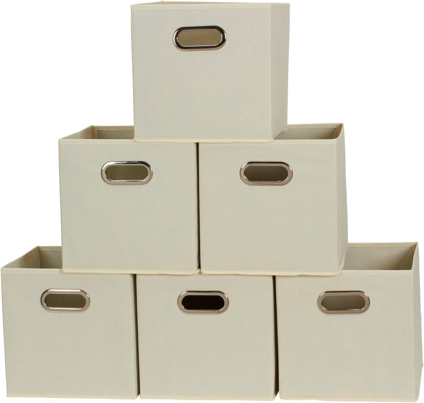 Fabric Storage Bins 6 Piece Set, Strong Poly-Woven Fabric, Sturdy Chipboard Sides, Grommet Front Handle, Stackable and Foldable, Classic Design, Cream