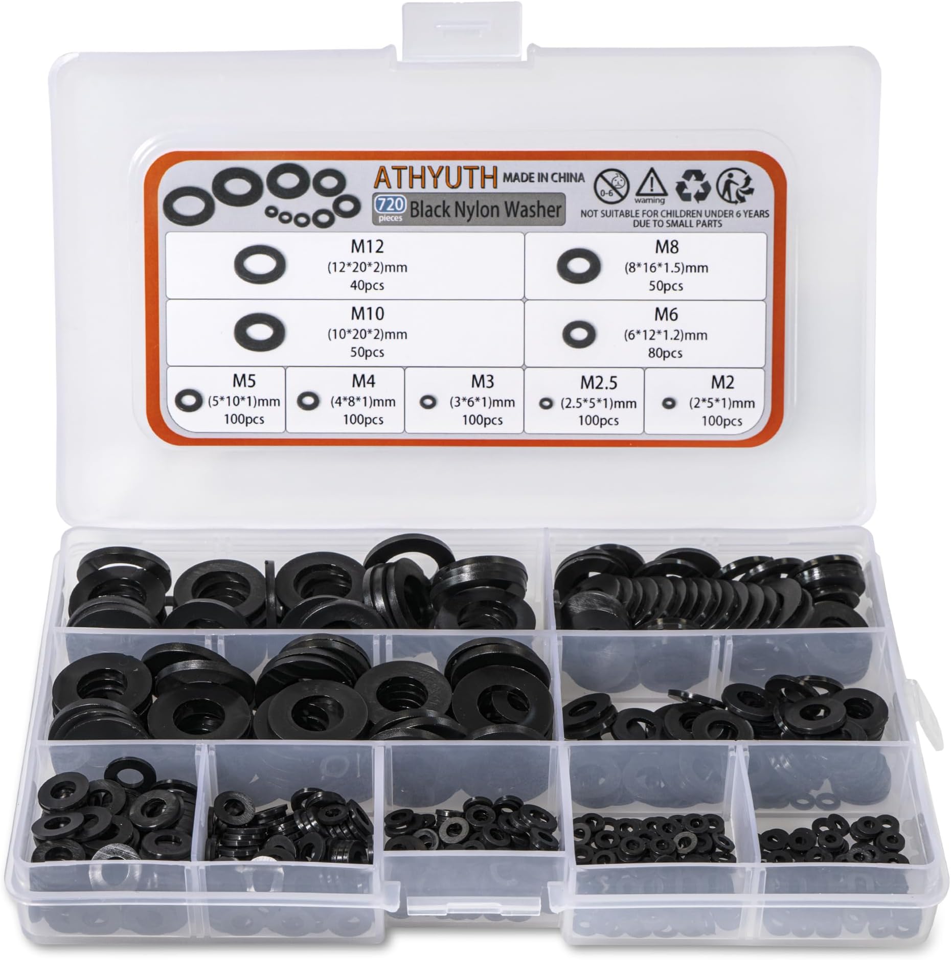 Black Nylon Washers Assortment kit for Bolts and Screws, M2 M2.5 M3 M4 M5 M6 M8 M10 M12 Plastic Flat Round Washers Assortment Set 720 Pieces-9 Sizes Nylon Washers Hardware Set