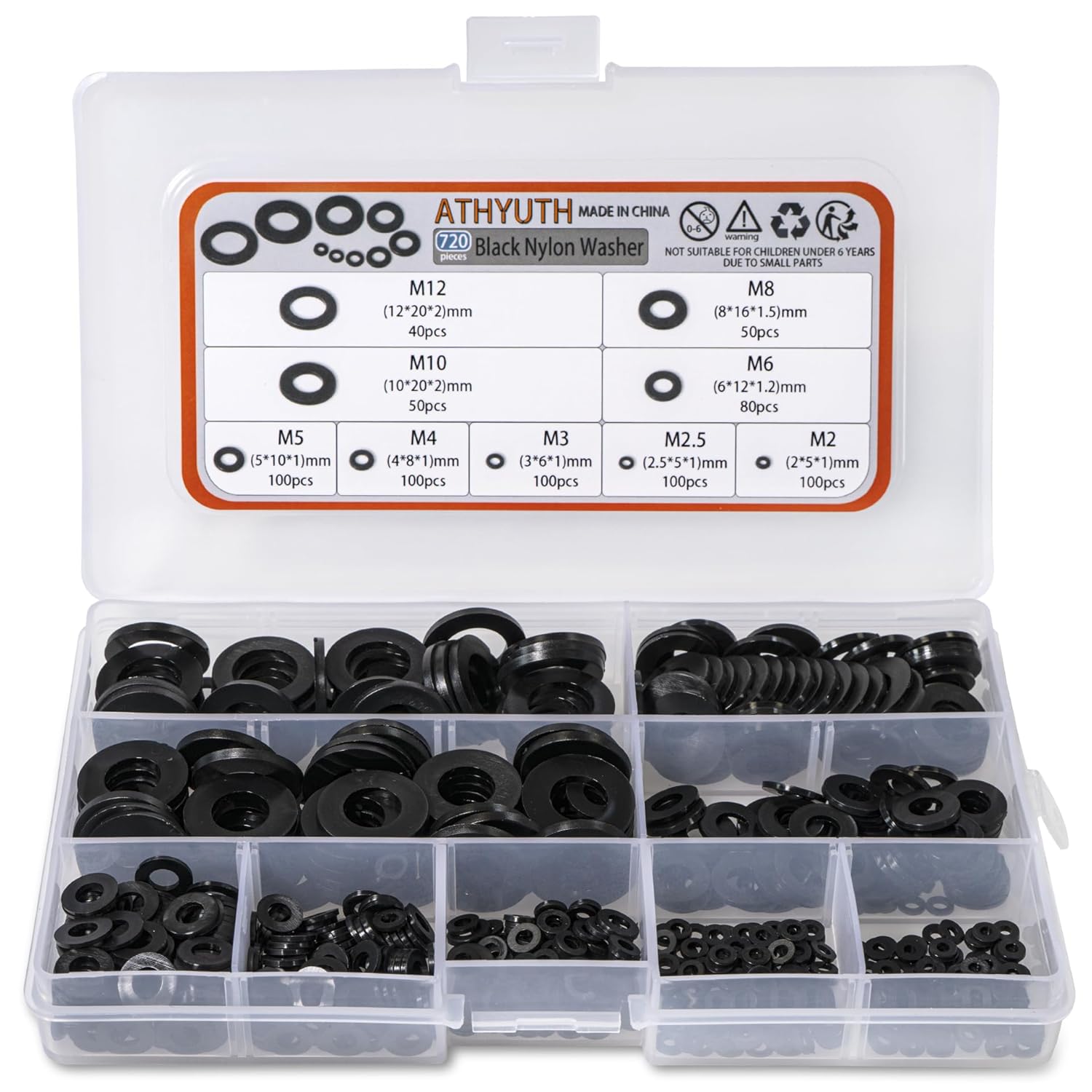 Black Nylon Washers Assortment kit for Bolts and Screws, M2 M2.5 M3 M4 M5 M6 M8 M10 M12 Plastic Flat Round Washers Assortment Set 720 Pieces-9 Sizes Nylon Washer Hardware Set