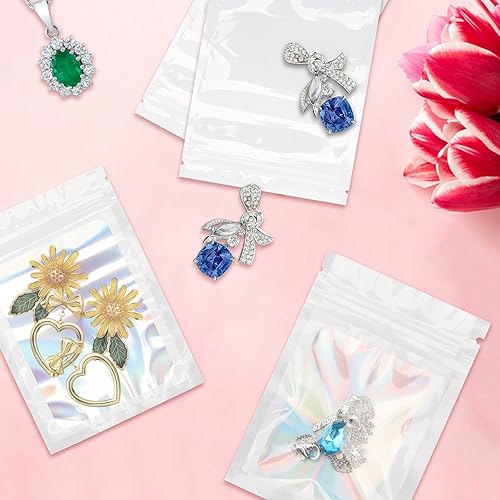 Miniatura 5 de joycraft 100 bolsas holográficas de Mylar blanco, bolsas resellables a prueba de olores, bolsa para joyería, bolsa de papel de aluminio transparente