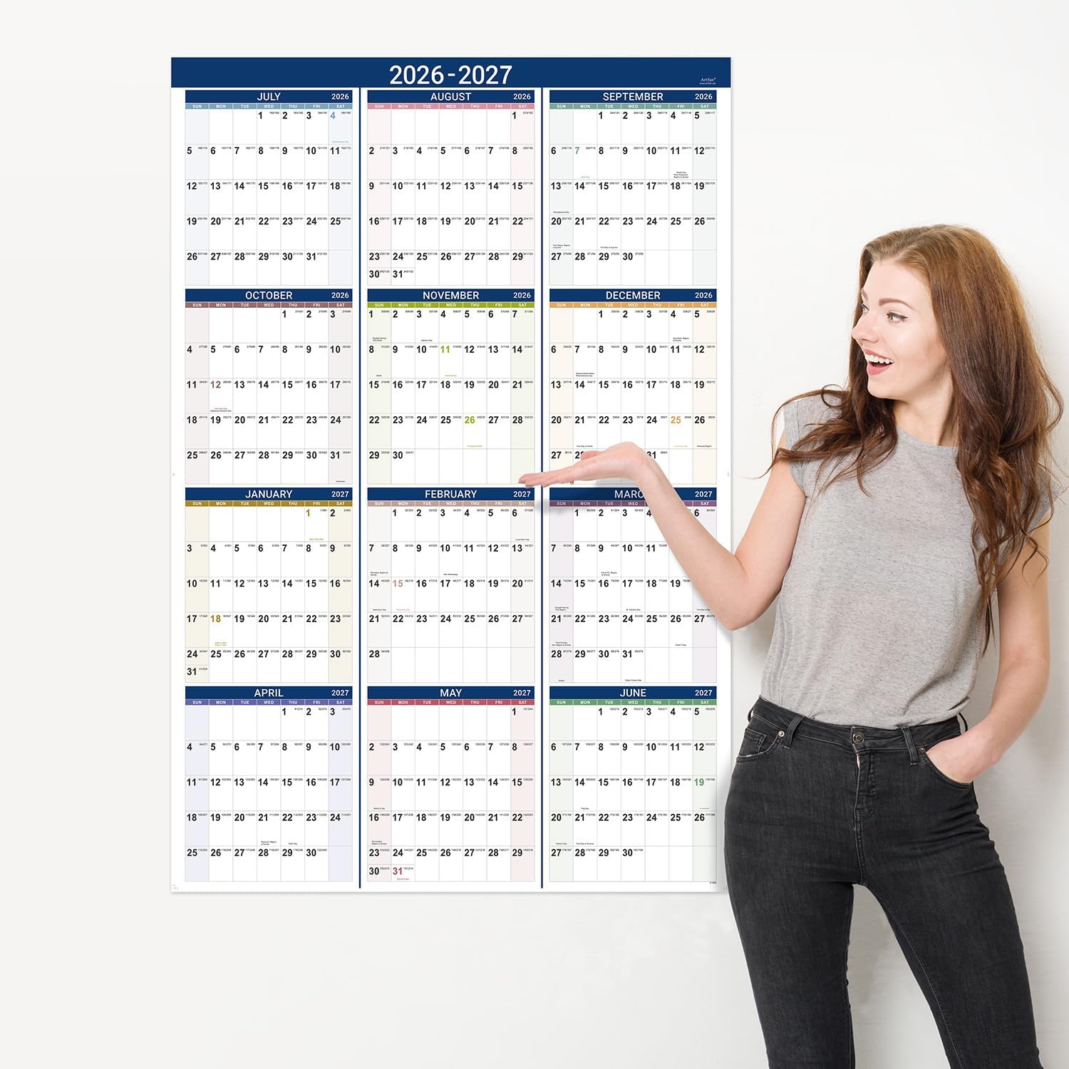 2026-2027 Yearly Wall Calendar - Calendar 2026-2027, JUL 2026 - JUN 2027, Yearly Calendar/Planner, 34.3" x 22.8"(Open), Large Wall Calendar 26-27 with Premium Paper, Double-Sided Small Round Sticks, Azure - Image 7