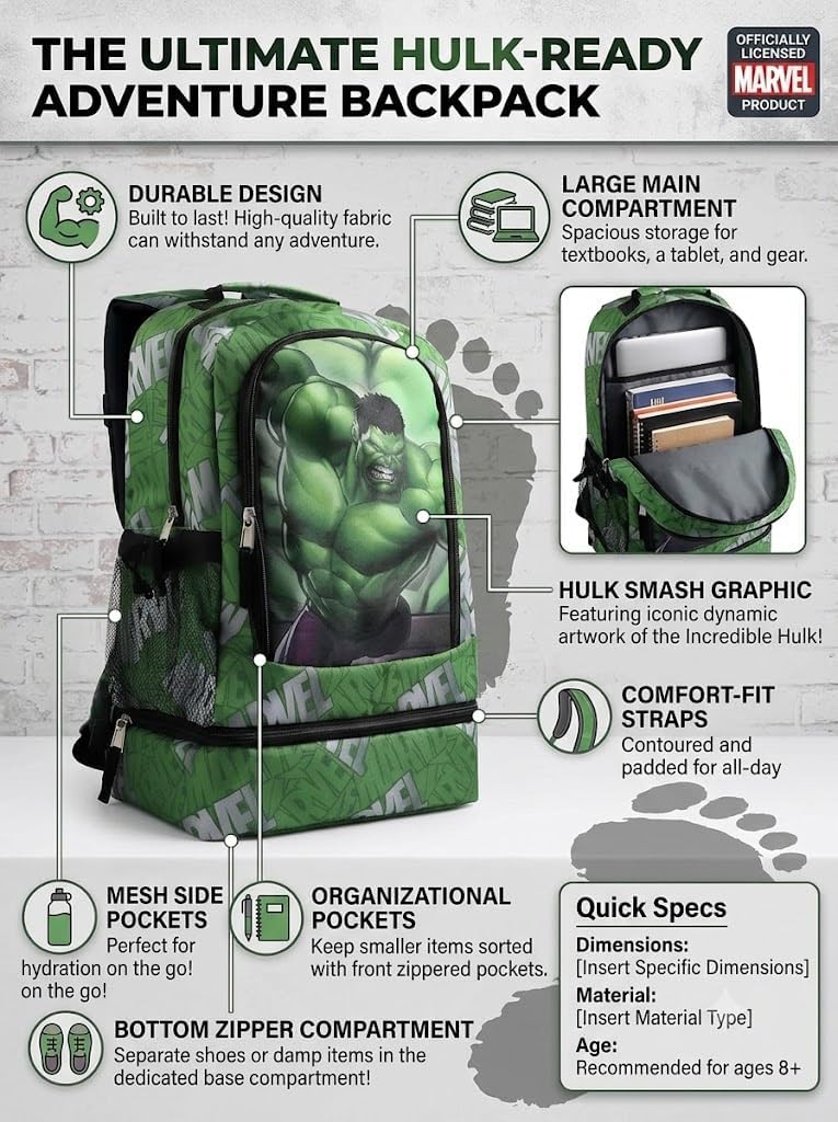 Marvel Hulk Kids Backpack 16" School Bookbag with Lunch Holder & Pocket