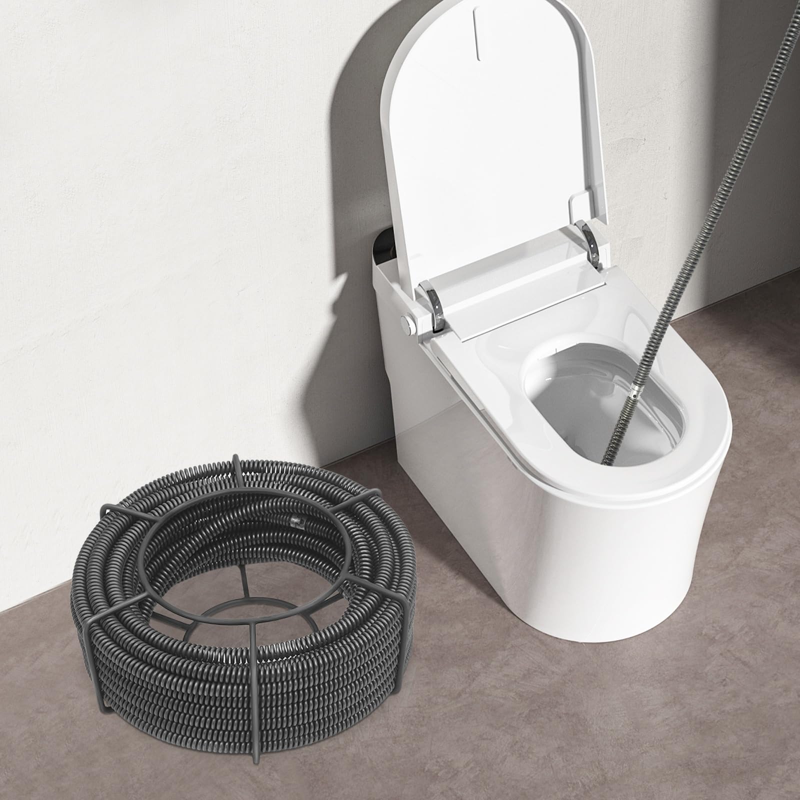 Espiral de limpieza de tuberías de 16 mm de diámetro, 20 m, espiral con estante de almacenamiento, desatascador de desagües en espiral para dispositivo de limpieza de tuberías