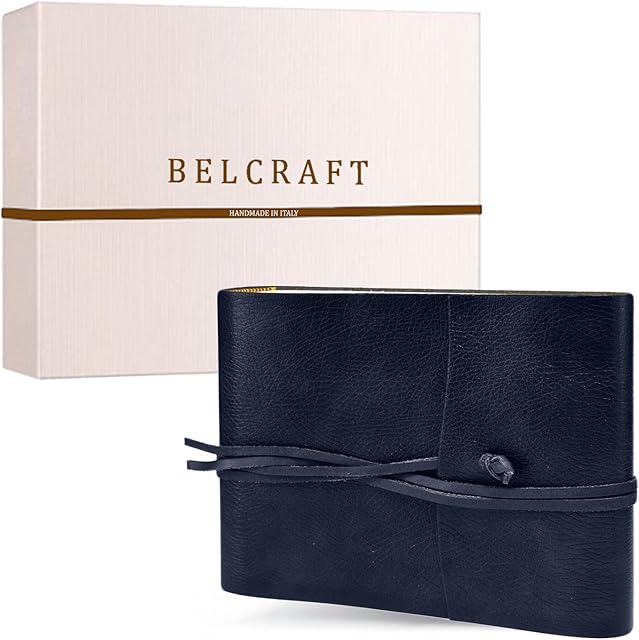 BELCRAFT Tivoli Medium Recycled Leather Bound Photo Album, MADE IN ITALY, Memory Photo Album, Scrapbook, Picture Album 6x4, Gift Idea & Gift for Family, Including BOX, A5 (16x21 cm) Navy