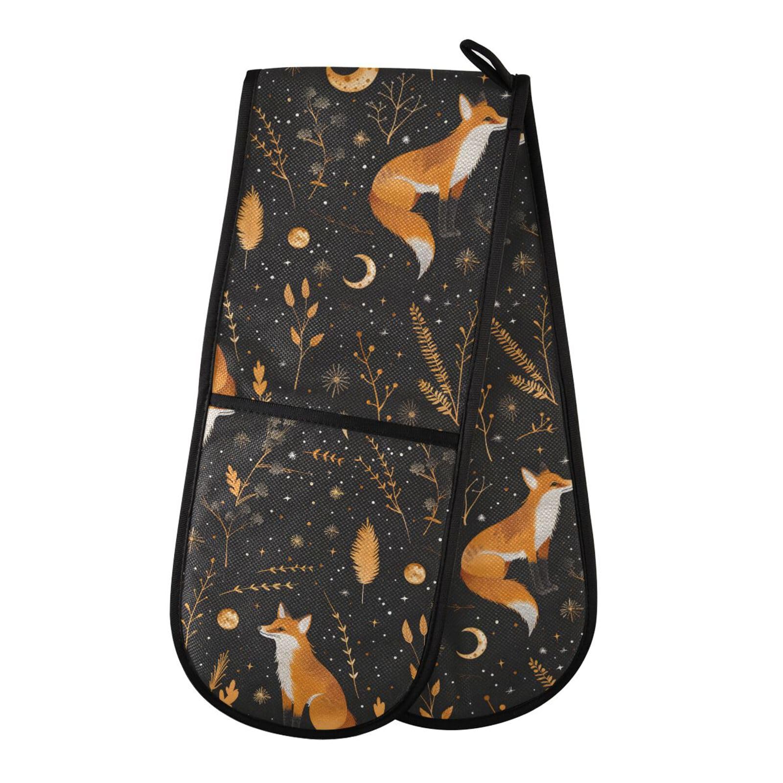 Double Oven Gloves Fox Retro Flowers Heat Resistant Pot Holder Oven Mitt Gloves for BBQ Cooking Baking Grilling Microwave