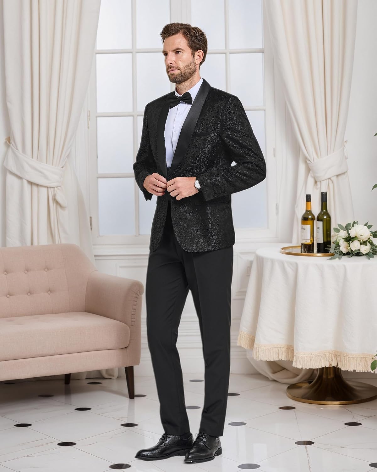 YND Men's 2 Piece Slim Fit Suit Set, One Button Shawl Lapel Floral Pattern Party Blazer, Jacket Pants with Bow Tie