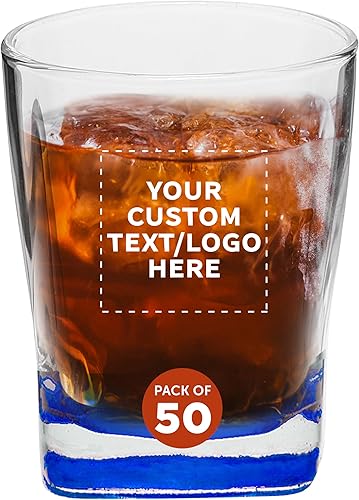 DISCOUNT PROMOS Juego de 50 vasos de whisky Verona, 11 onzas. Texto personalizable, logotipo, duradero, base gruesa, fondo de color, utensilios de