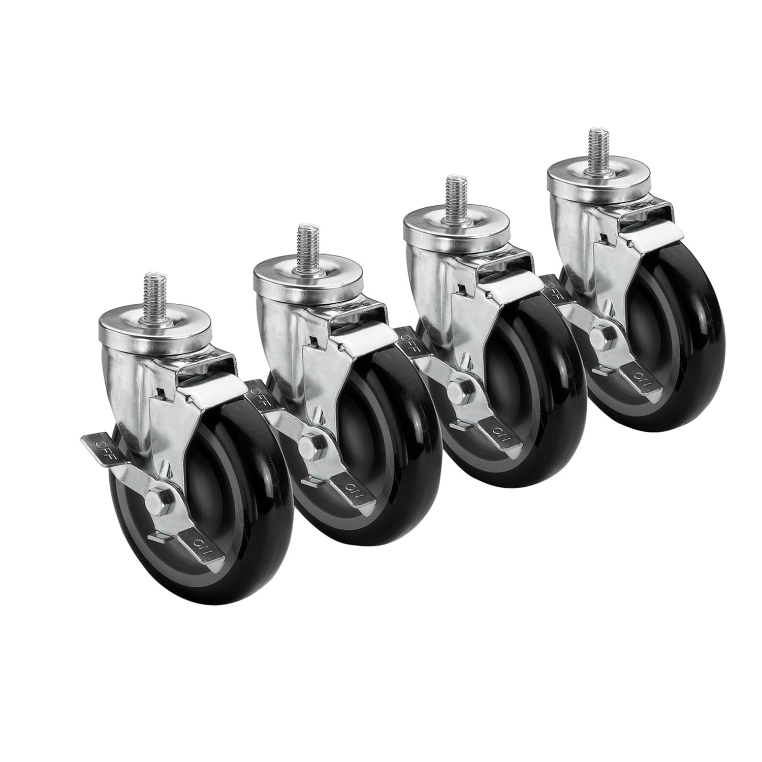 Krowne 28-146S Krowne Threaded Stem Caster, Swivel with Brake, 5" Diameter, 3/4"-10 x 1 Threaded stem, 220 lbs per Caster Load Capacity, Grease Resistant, Raises Height of Equipment 6" (Set of 4)
