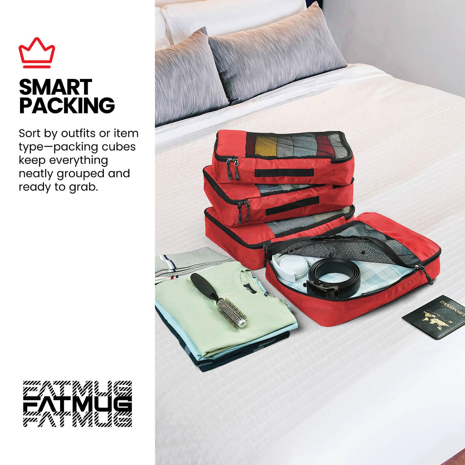FATMUG Polyester Packing Cubes/Travel Pouch/Bag Suitcase Luggage Organiser Set Of 4-Medium Size (Red) 3