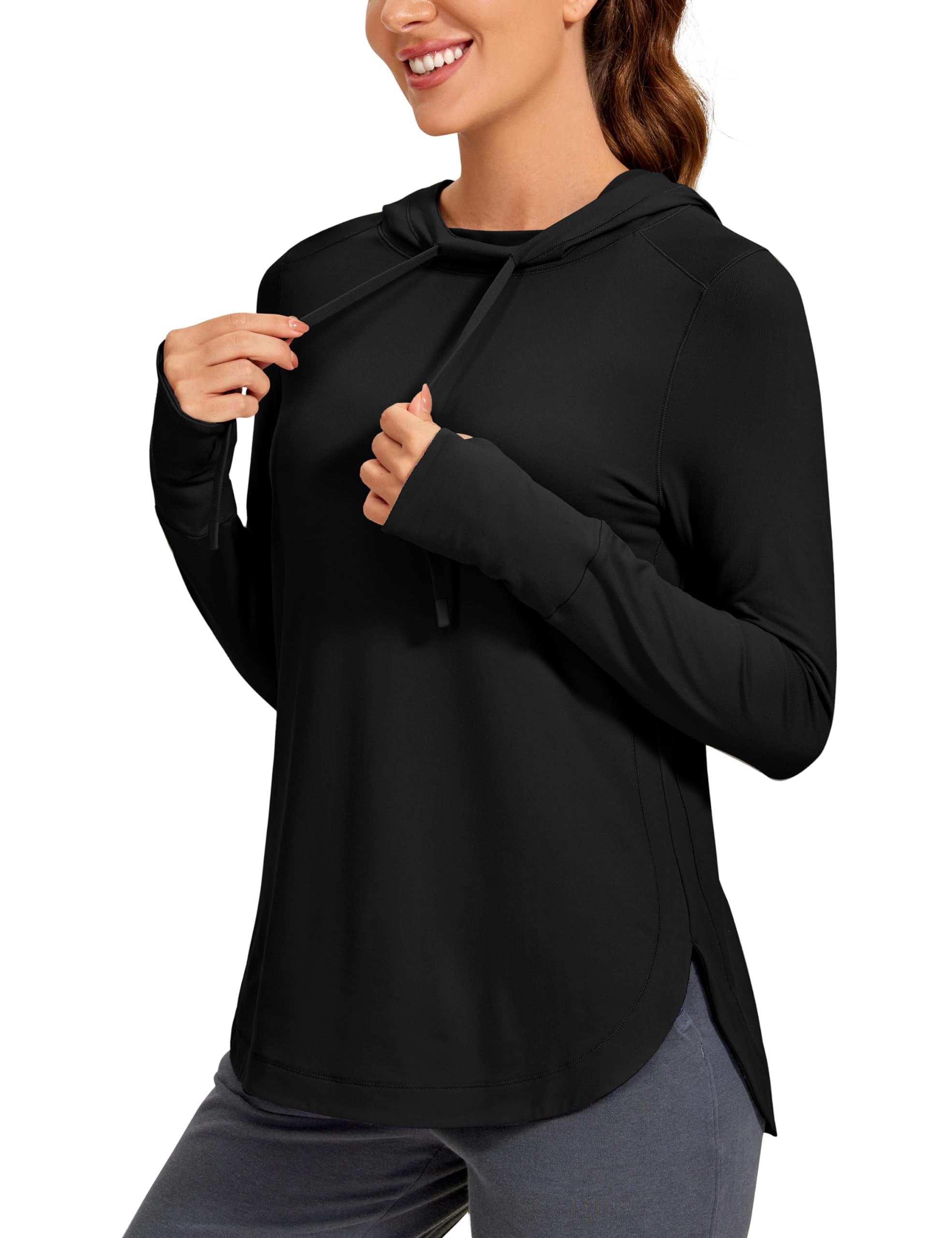 CRZ YOGA Workout Long Sleeve Shirt for Women Hoodie Pullover Athletic Hooded Sweatshirts Sports Gym Tops with Thumbhole