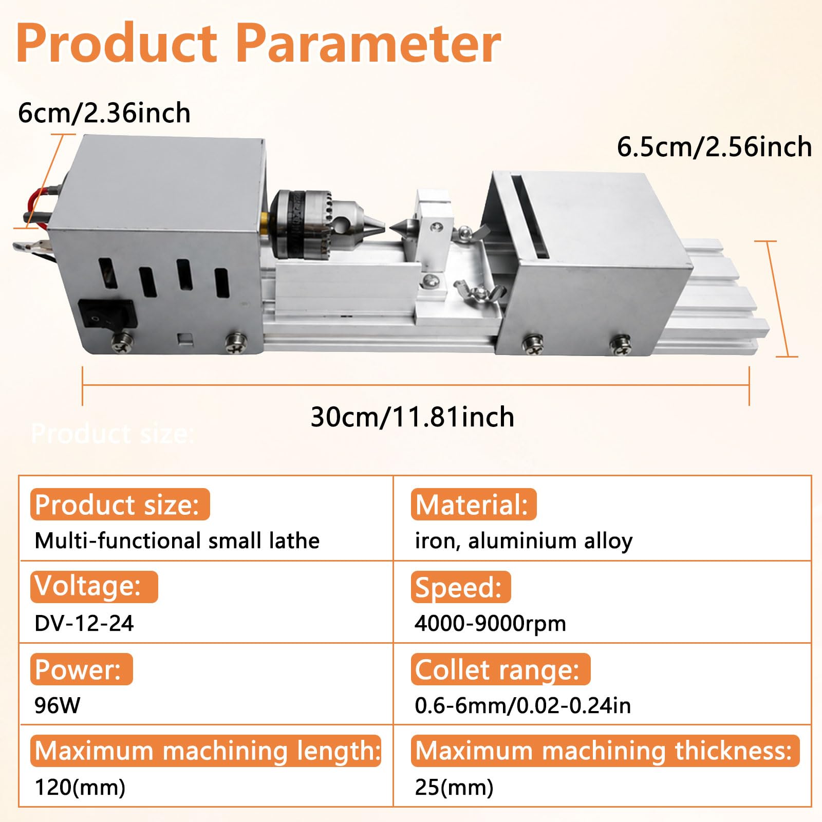 Mini Drehbank, 96W Drechselbank, 4000-9000rpm Präzise Drehbank, 7 Geschwindigkeiten, Klemmbereich von 0.6-6mm, Metall Kleine Drehbank für Dreh, Schleifen und Polieren