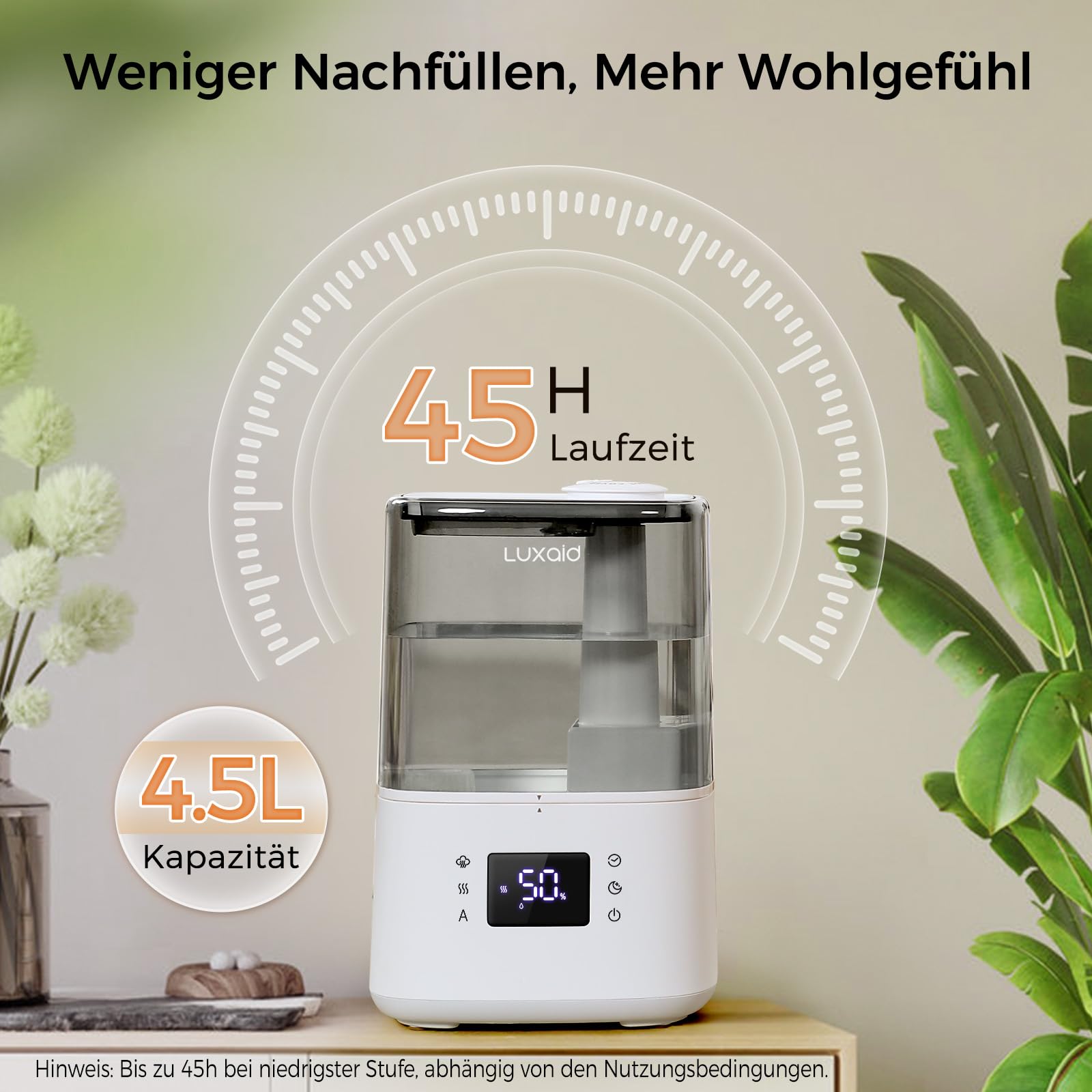 4,5L Luxaid Warm- und Kaltnebel Luftbefeuchter Schlafzimmer Große Räume mit Fernbedienung & Hygrostat, 28dB Leise Humidifier for Bedroom Baby, Top-Fill, bis 45H, Timer, Auto-Abschaltung, HU-802