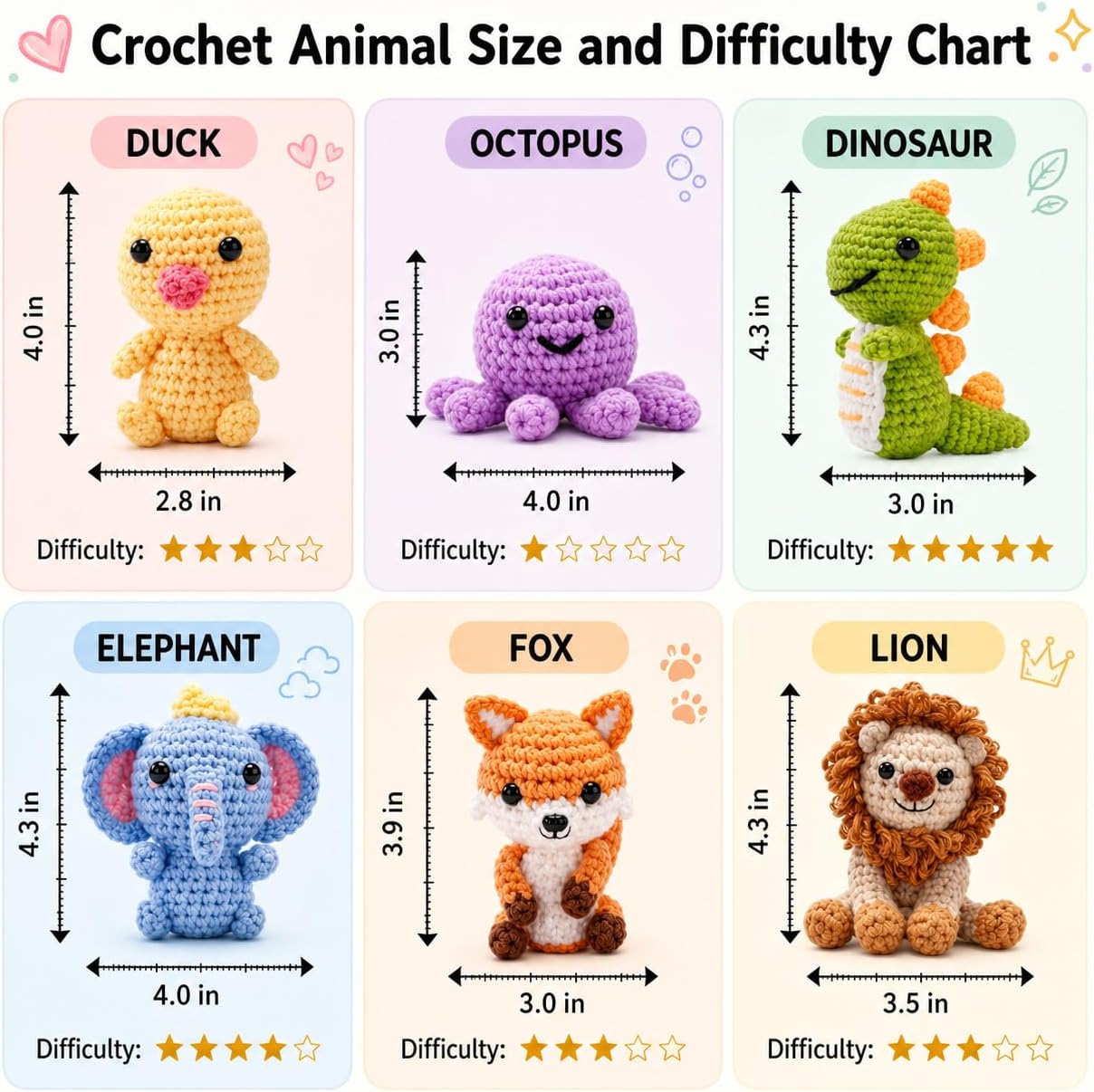 Xanlon Crochet Kit for Beginners - 6pcs Animals Knitting Kit Beginner Crochet Starter Kit for Adults Women Men - Easy to Learn with Step-by-Step Video Tutorials DIY Birthday Gifts for Crocheting Lover