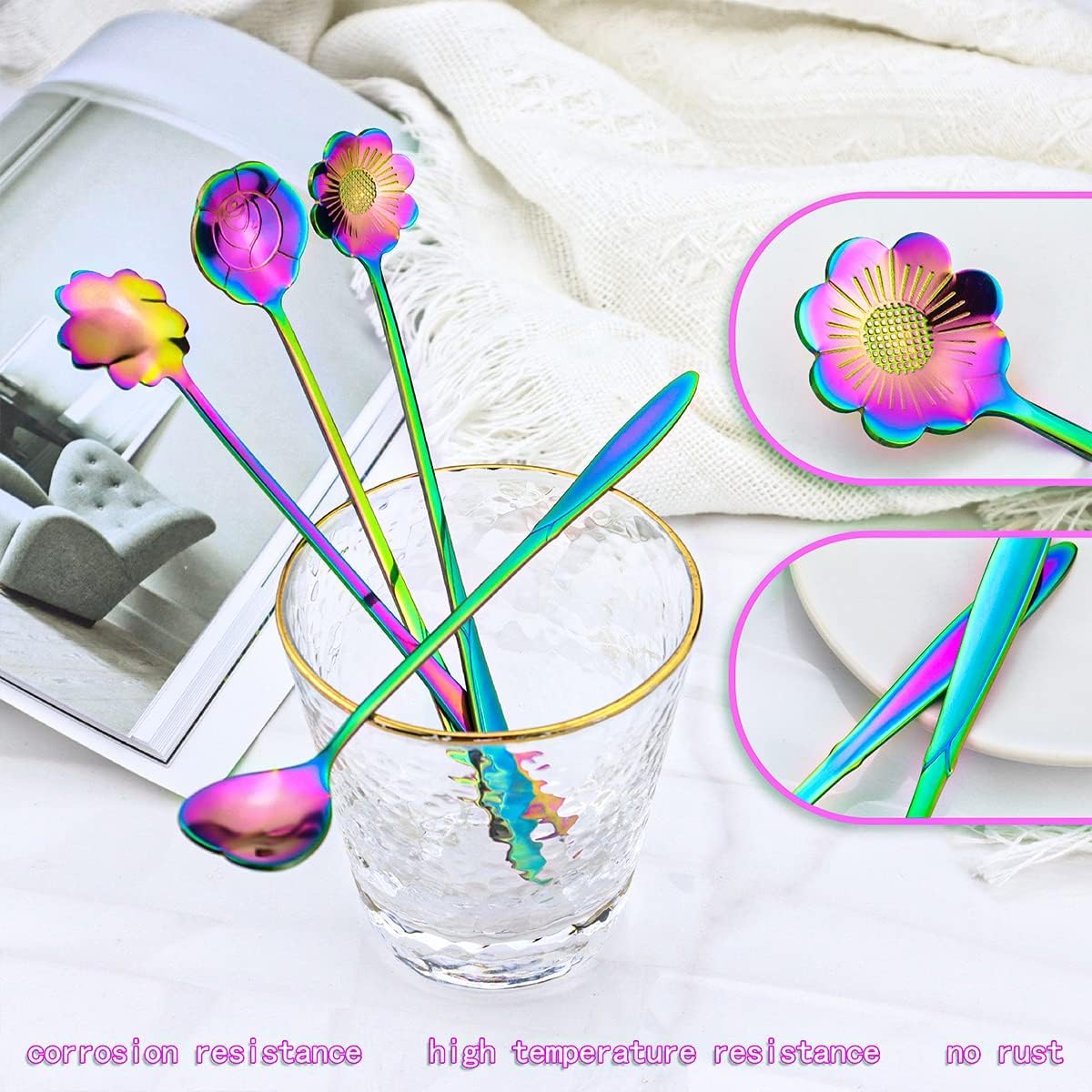 Flower Spoon Set of 4, 7 Inches Stainless Steel Reusable Cute Tea Spoon for Drink Mixing Milkshake Jam (Rainbow)