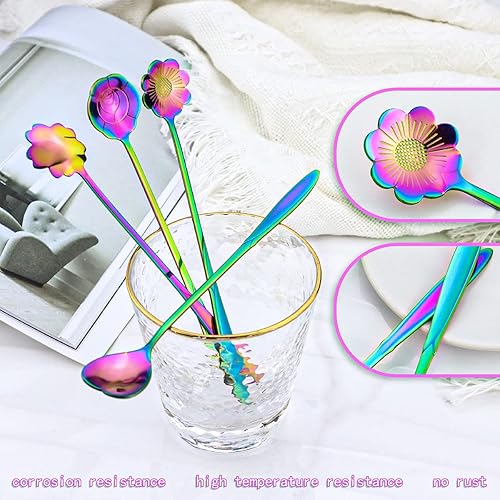 Miniatura 5 de Juego de 4 cucharas de flores de acero inoxidable de 7 pulgadas, reutilizables, lindas cucharas de té para bebidas, mezclar mermelada de batido