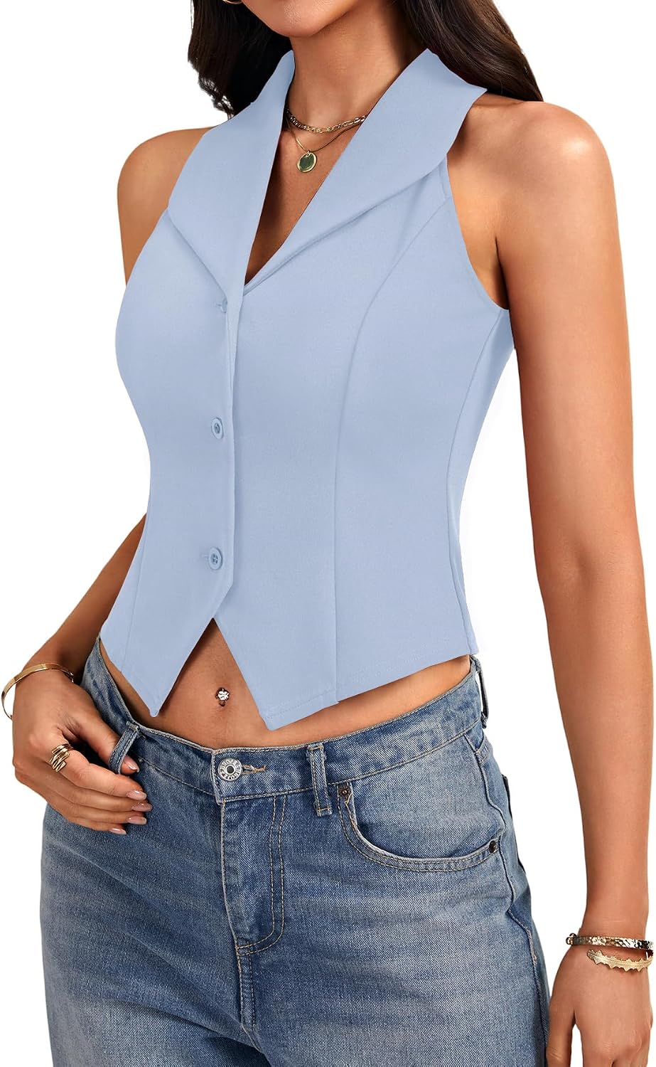 Rooscier Women's Button Down Slim Fashion Vest Tops | Collared V Neck Sleeveless Crop Top