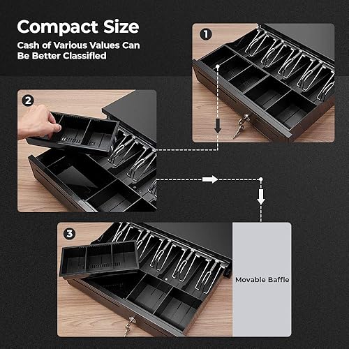Miniatura 4 de MUNBYN Cajón de caja registradora negro cajón de efectivo de 16 pulgadas de ancho con bandeja extraíble para monedas bandeja de 5 billetes5 monedas