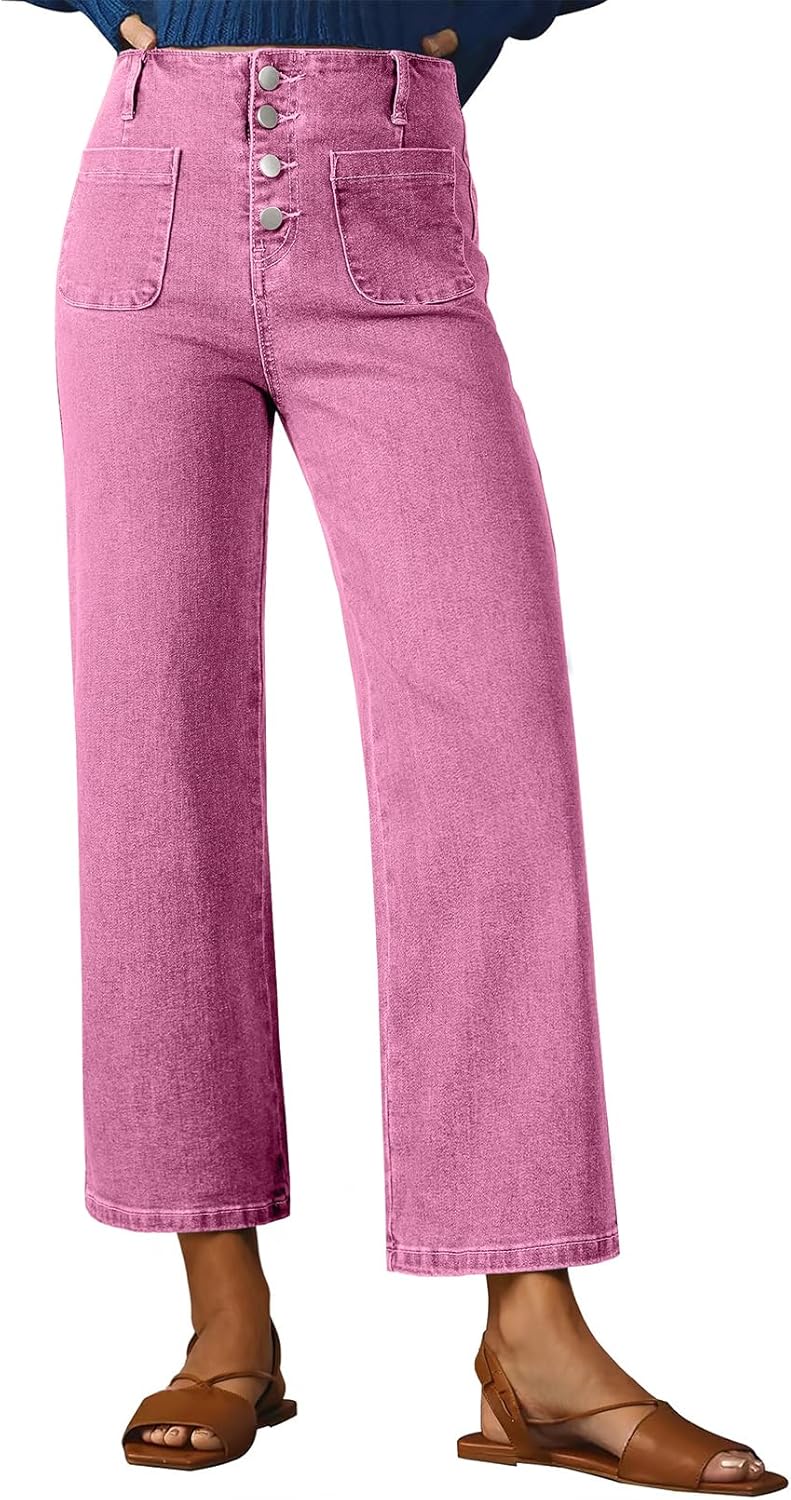 Sidefeel Women's Wide Leg Jeans High Waisted Zimbaplatinum Stretchy Straight Leg Jeans Buttoned Loose Denim Pants with Pocket