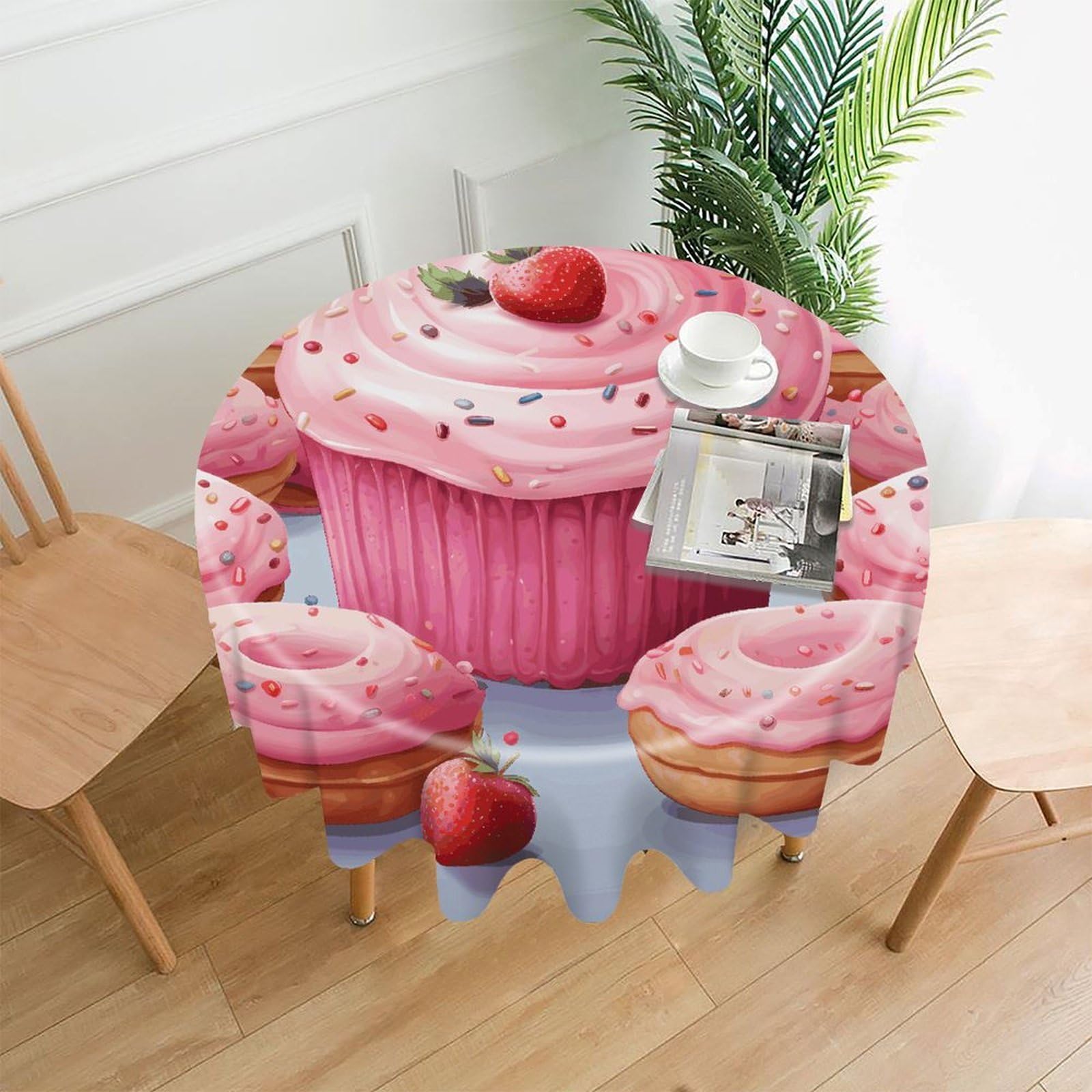 Pink Donut and Cupcake Tablecloth Exquisite Wrinkle-Free Straight-Edge Round Table Cloth Anti-Fading Premium Polyester Tablecloth Waterproof Folding Table Cloths for Tables Decor