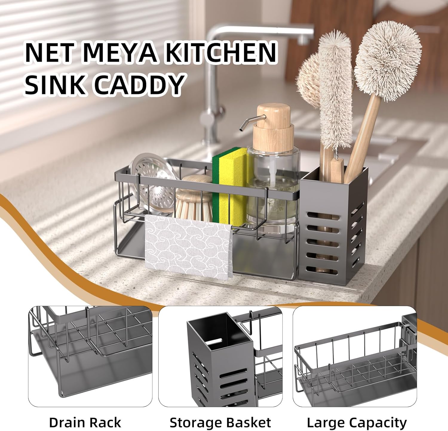Kitchen Caddy Sink Organizer,Sponge Holder for Kitchen Sink,Dish Soap Dispenser,Kitchen Sink Accessories Countertop Organizer,Stainless Steel Sink Sponge Caddy Over the Sink Shelf - Image 5