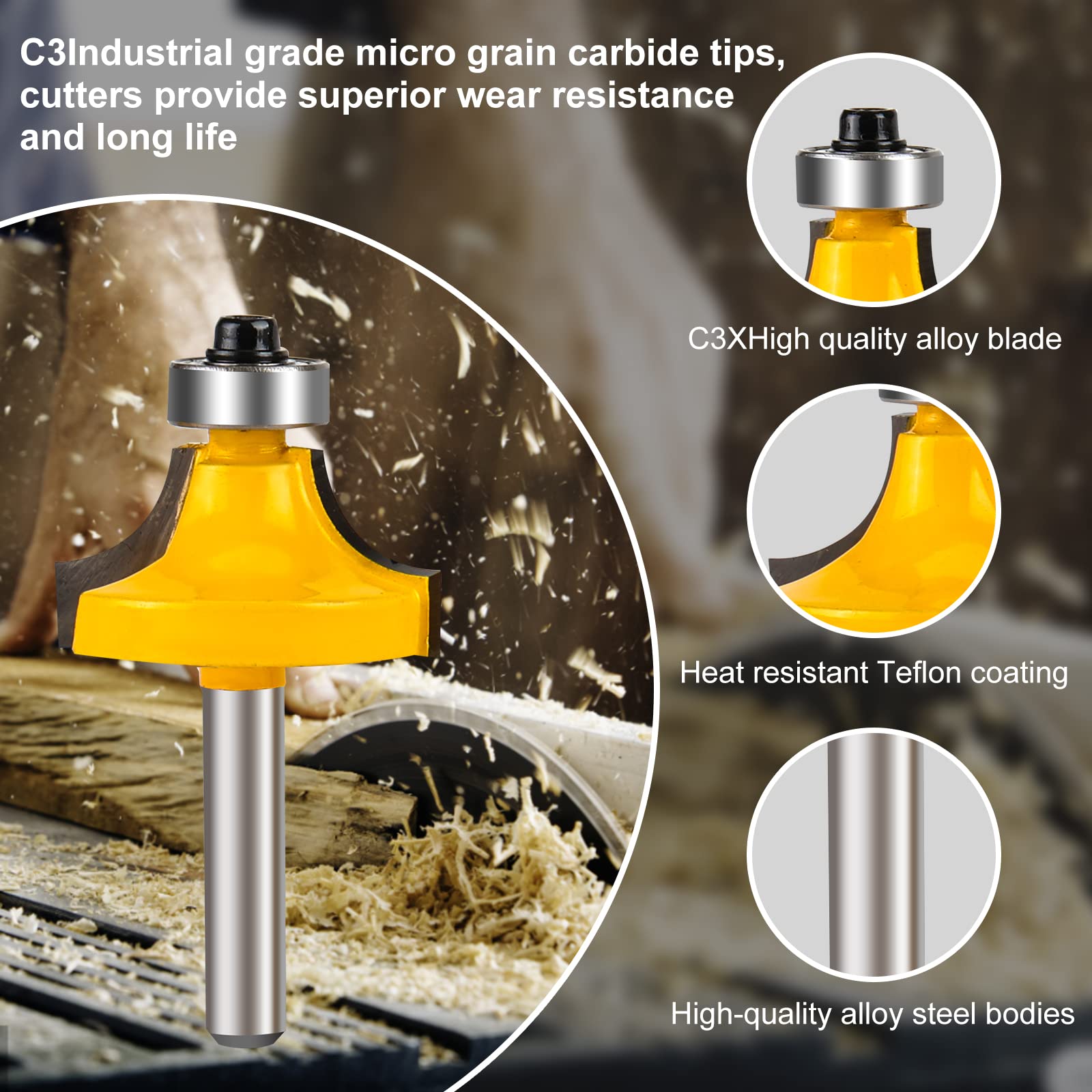 Yueqing Zhongji roundover Router bit 1/4 Shank Router bits 1/4 Shank 1/4-Inch Shank Roundover Edging Router Bit Set Corner Rounding Edge Forming Bit Set 1/2" - Image 3