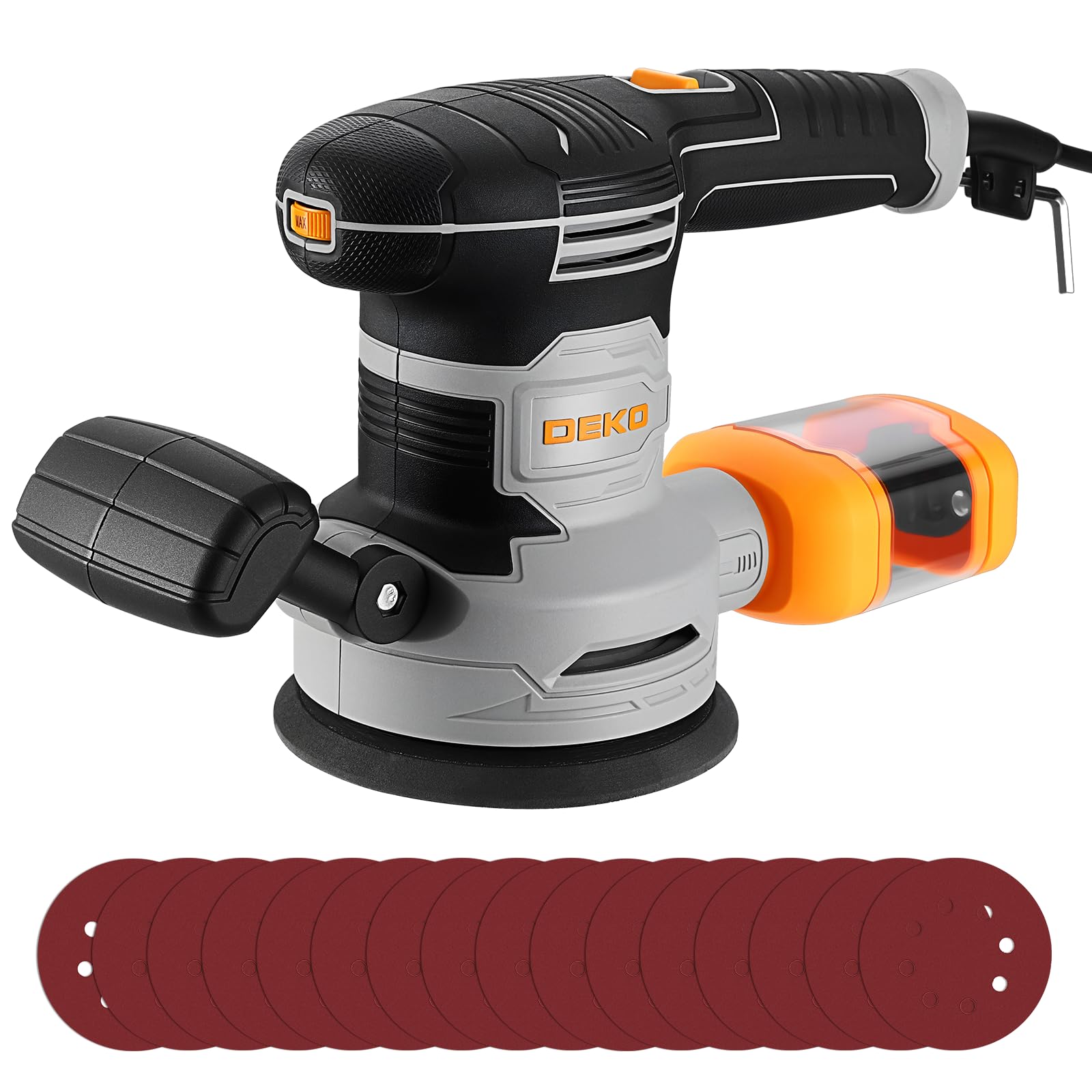 DEKOPRO Levigatrice Orbitale 450W, 125mm con Raccolta Polvere e 16 Dischi Abrasivi, 6 Velocità 7000-14000RPM, Levigatrice Rotorbitale per Legno, Adatta per Levigare, Lucidare Legno, fai da te