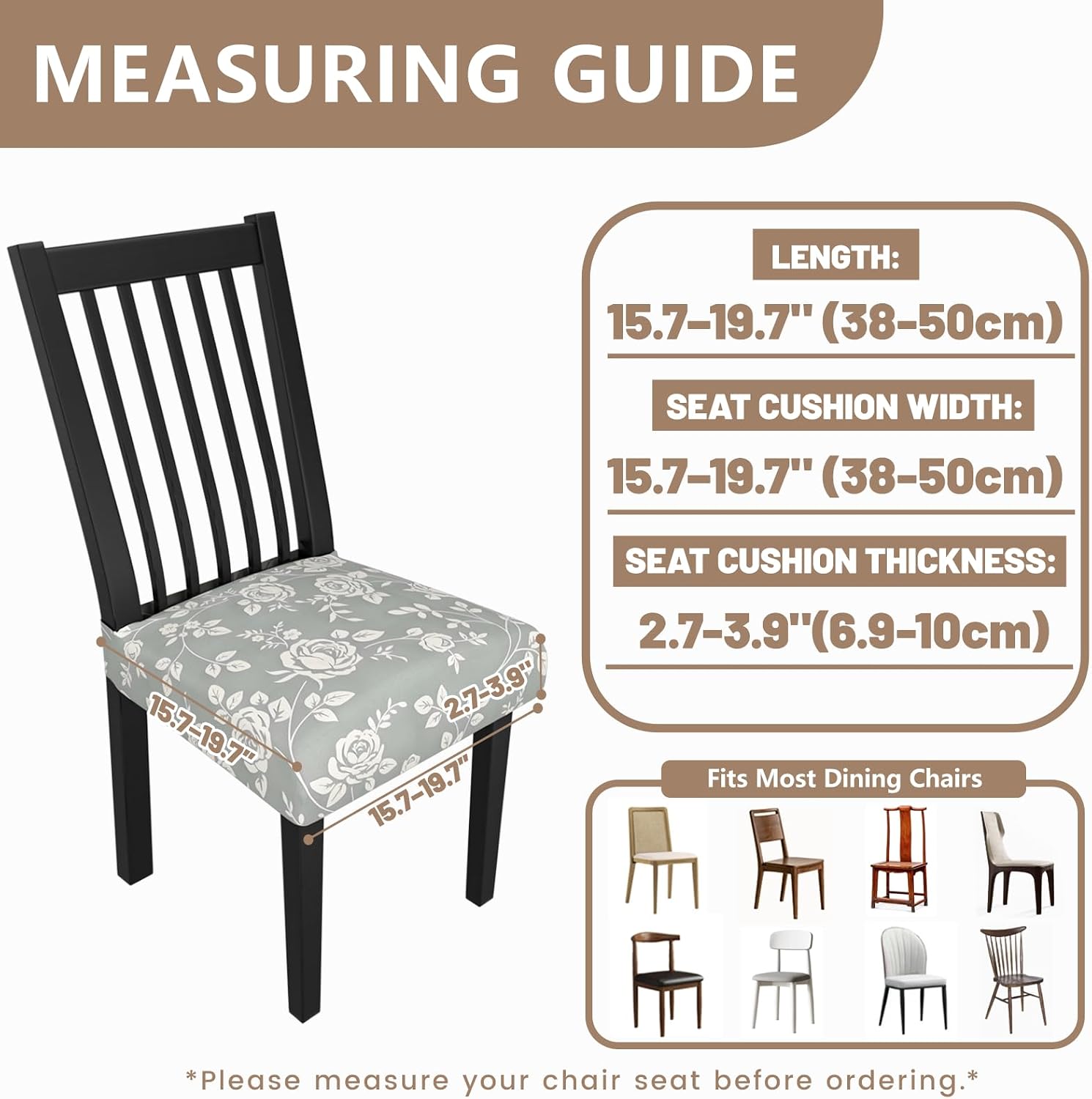 Stretch Dining Chair Seat Covers Set of 6,Dining Chair Slipcovers, Floral Printed Chair Covers,Soft Fabric Washable Upholstered Chair Seat Protector, No Rear Covers for Home Kitchen Dining Room
