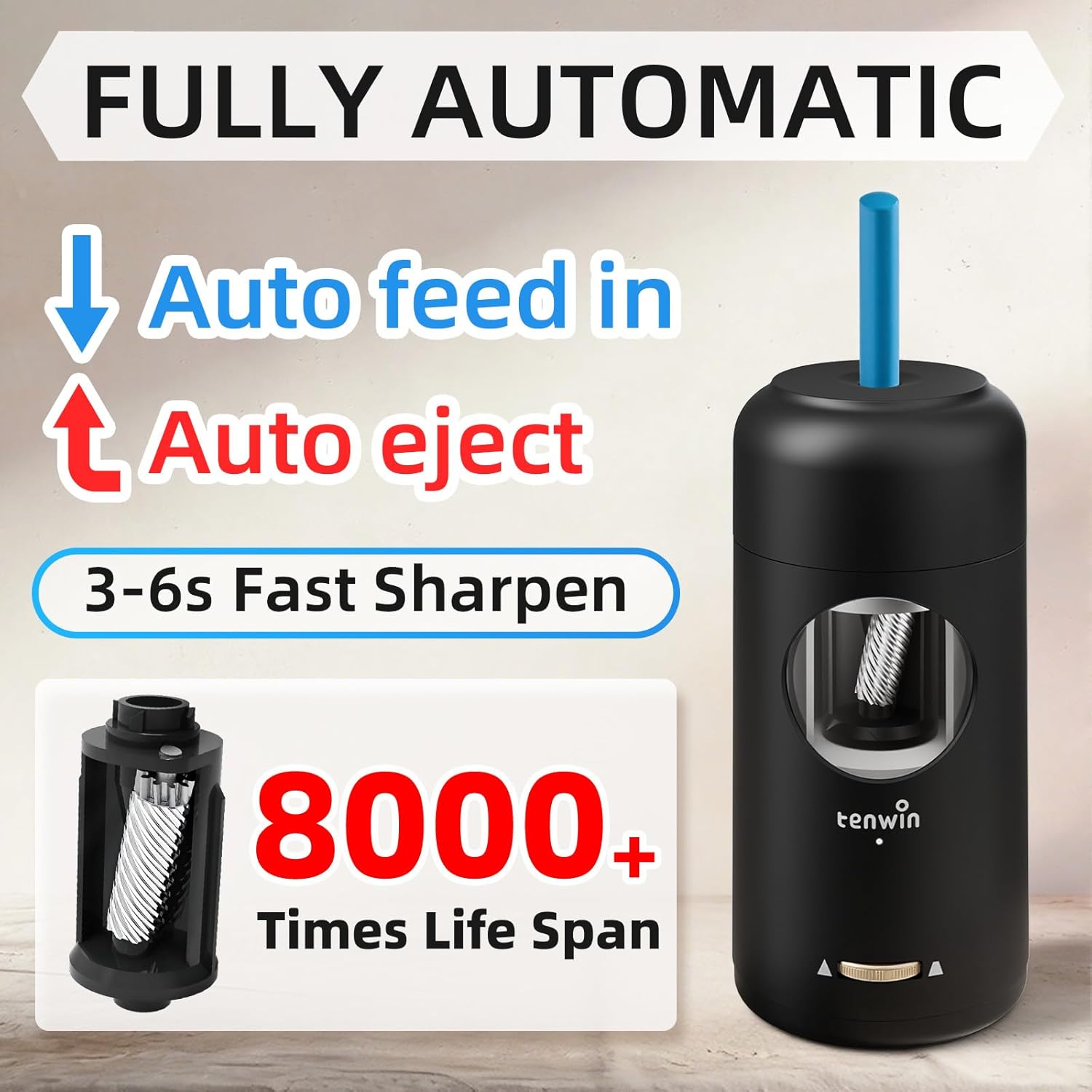 Rechargeable Electric Pencil Sharpener, Fully Automatic Pencil Sharpener for 7-11.5mm Pencils, Hands-Free Sharpener for Colored Pencils, Auto in&Out, Adjustable Pencil Nibs, Black