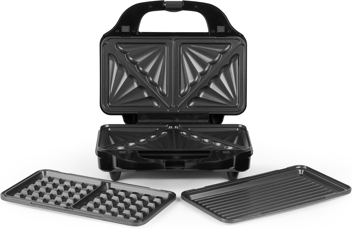 Salter 3-In-1 Snack Maker - Sandwich Toaster, Waffle Maker, Panini Press Grill, Includes Removable Extra Large Deep Fill Hot Plates, Non-Stick, 900W, Auto Temperature Control, Stay Cool Handle